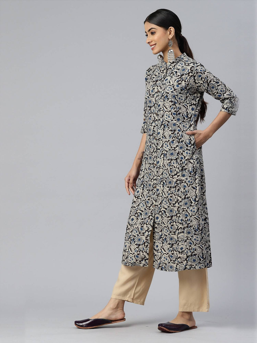 Women Floral Print A-line Rayon Beige Stitched Kurta | FY93 - view 8