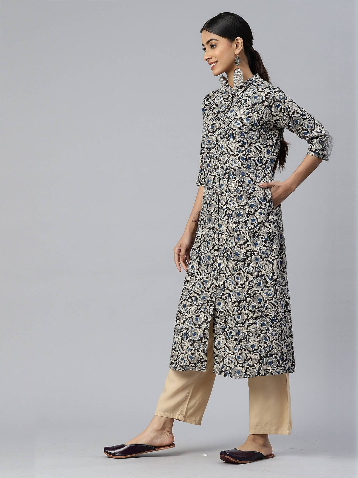 Women Floral Print A-line Rayon Beige Stitched Kurta | FY93 - view 8