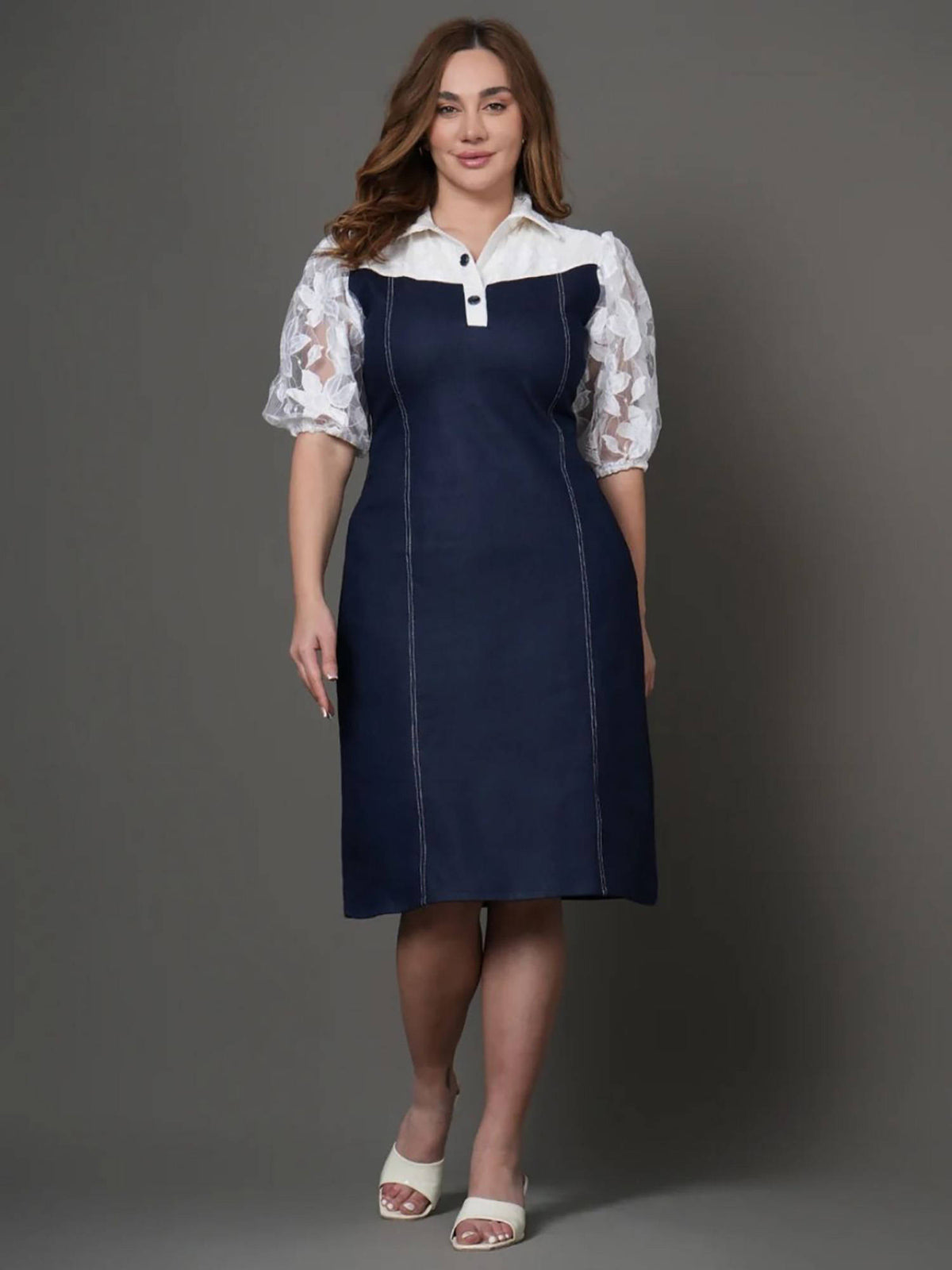 Navy Blue Shirt Denim Dress | D56 - view 1