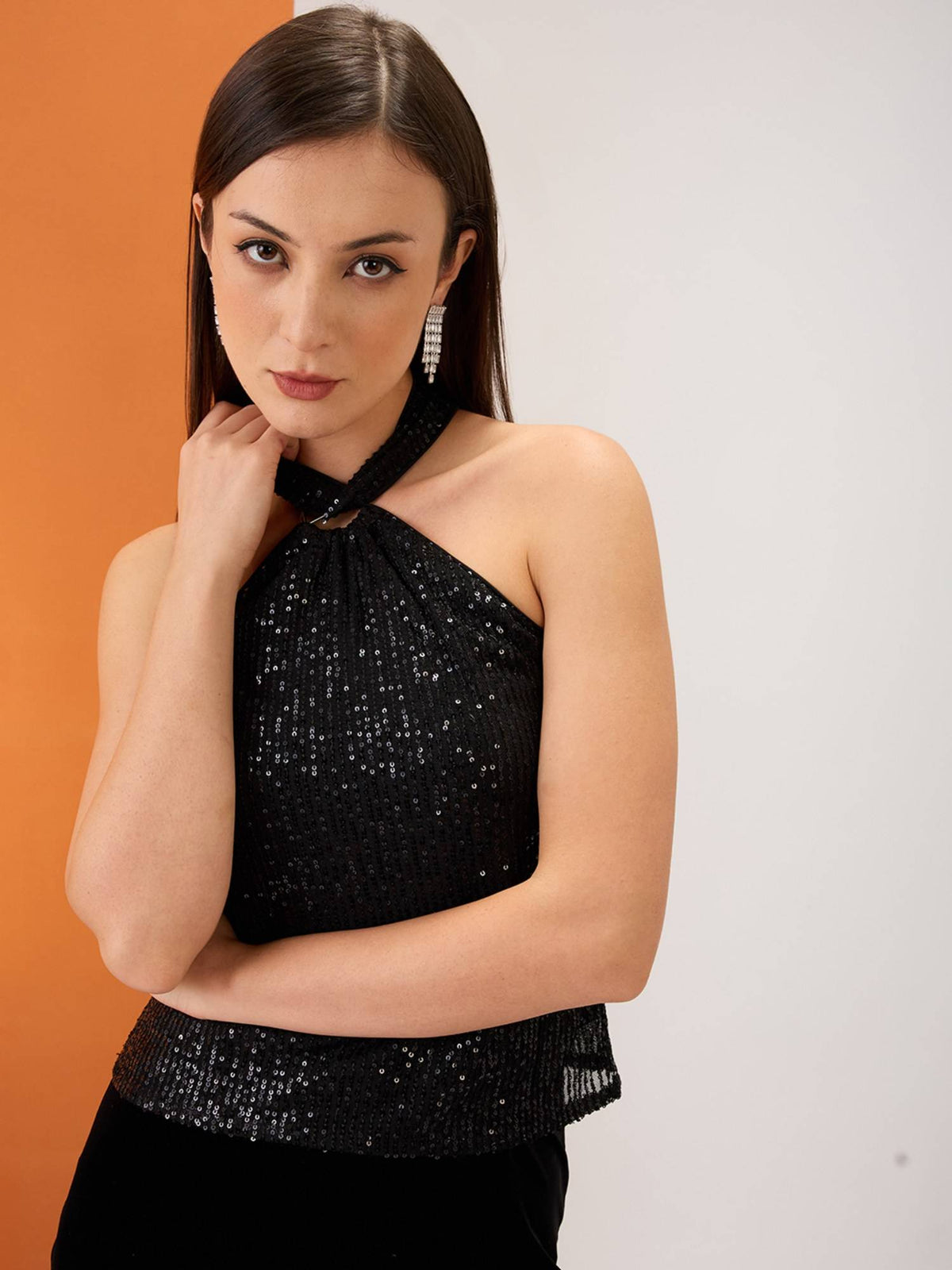 Women White Halter Neck Twisted Detail Sequinned Party Top | HT67 - view 6