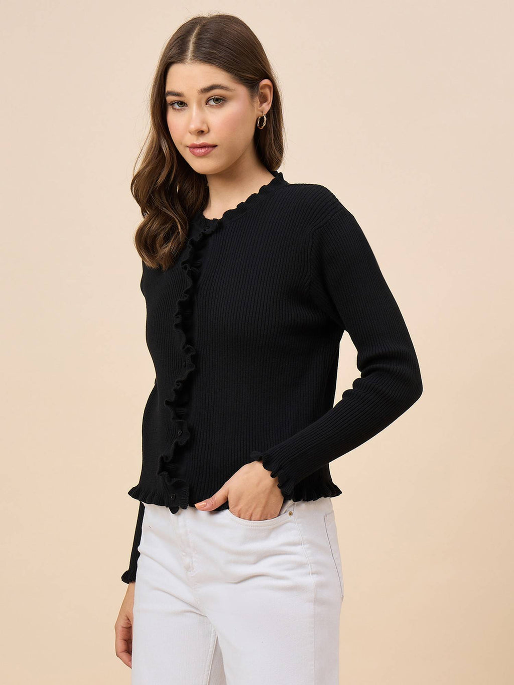 Self Design Black Flat Knit Smart Casual Shrug | JC78 - view 4