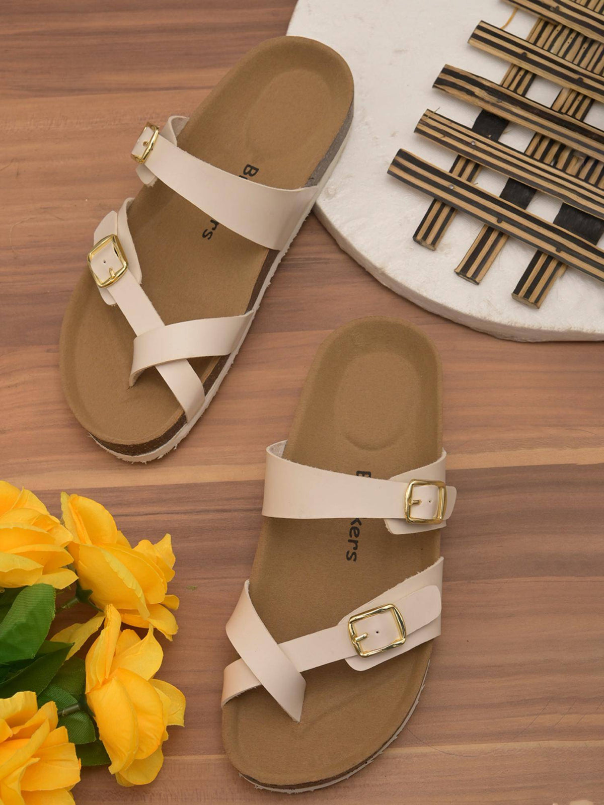 Off White Round Toe Sandals with Buckles | SD89 - view 1