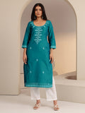 Libas Aqua Blue Embroidered Silk Blend Straight Kurta