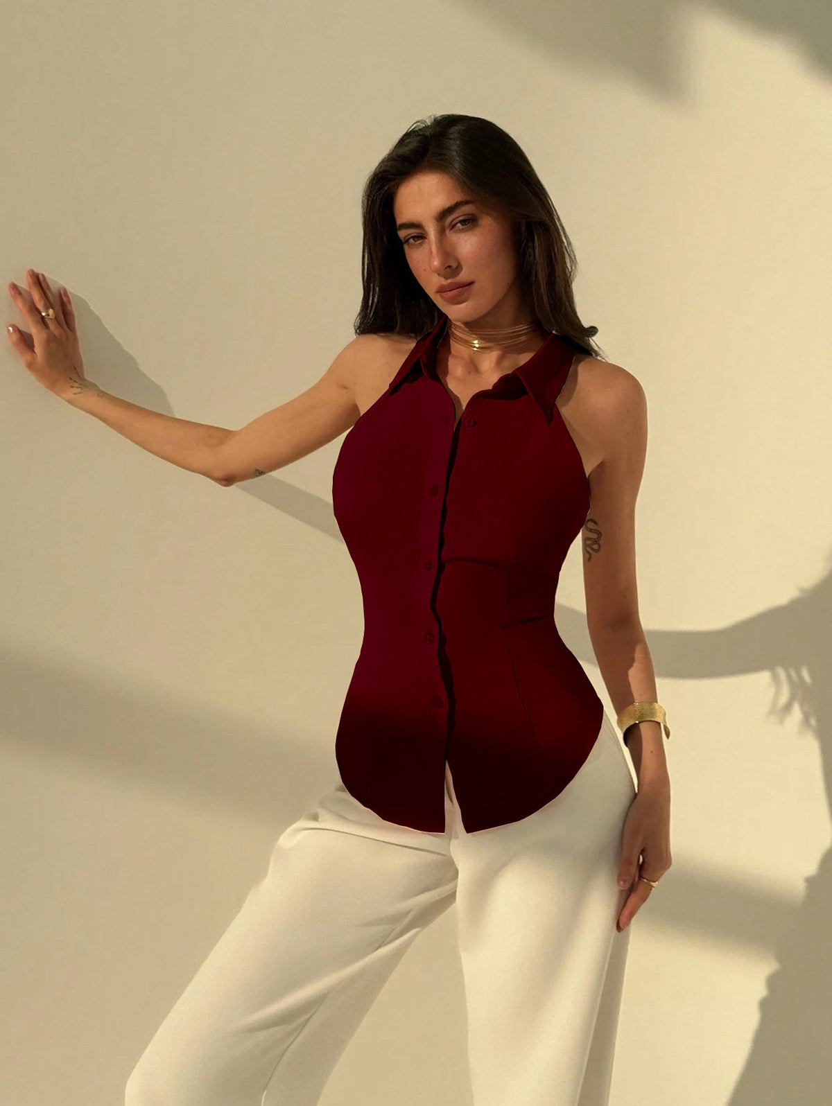Polo Collar Shirt With Snatch Tie Waist