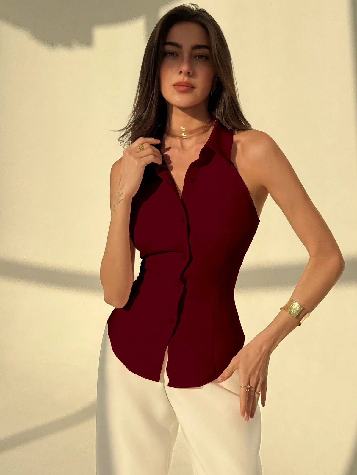 Polo Collar Shirt With Snatch Tie Waist