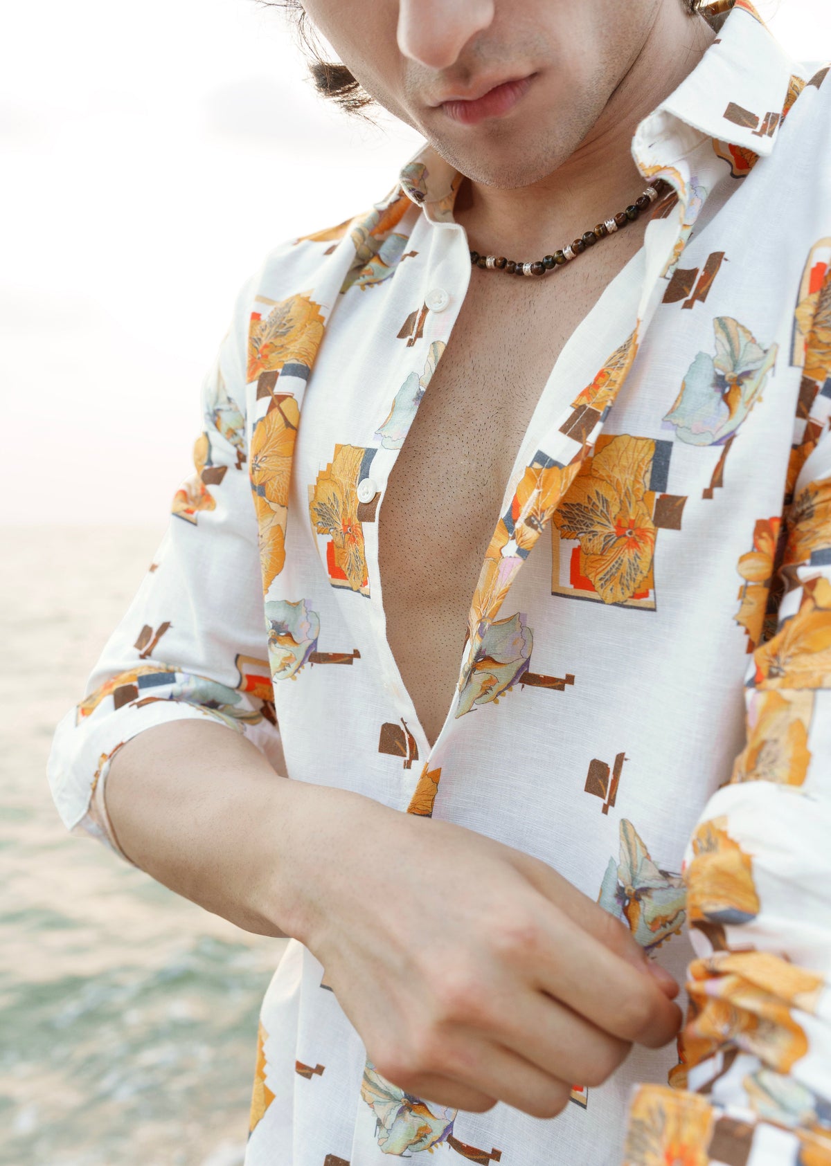 Orange Floral Print Cotton Linen Shirt