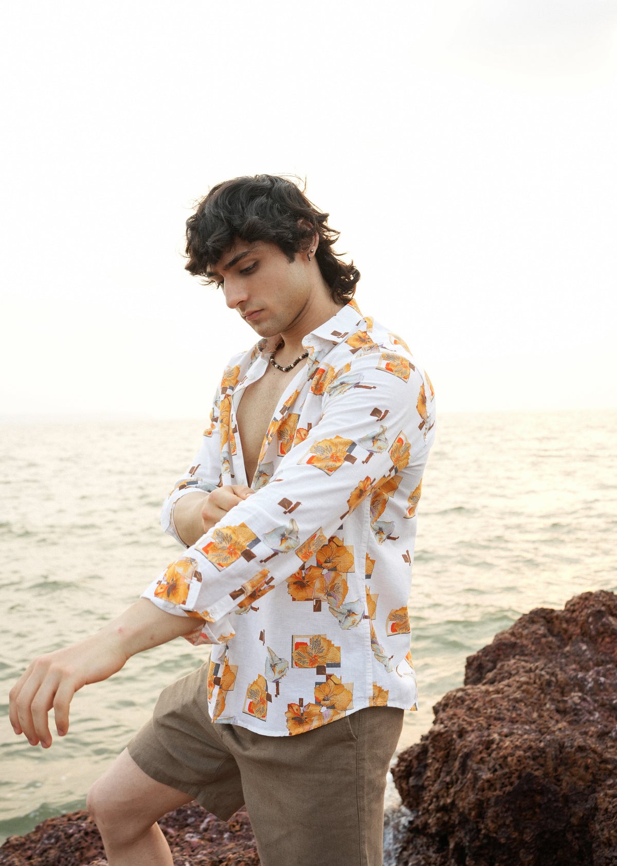 Orange Floral Print Cotton Linen Shirt