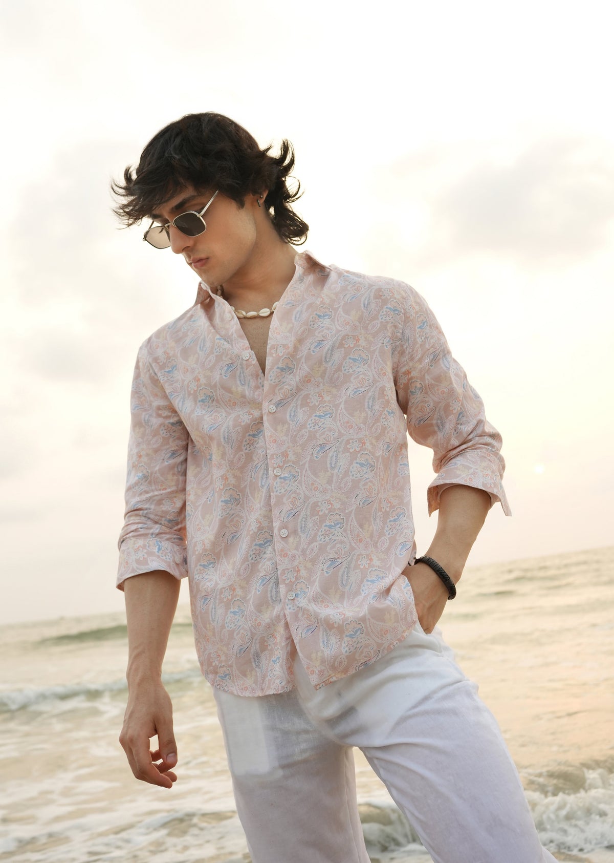 Peach Paisley Print Cotton Linen Shirt