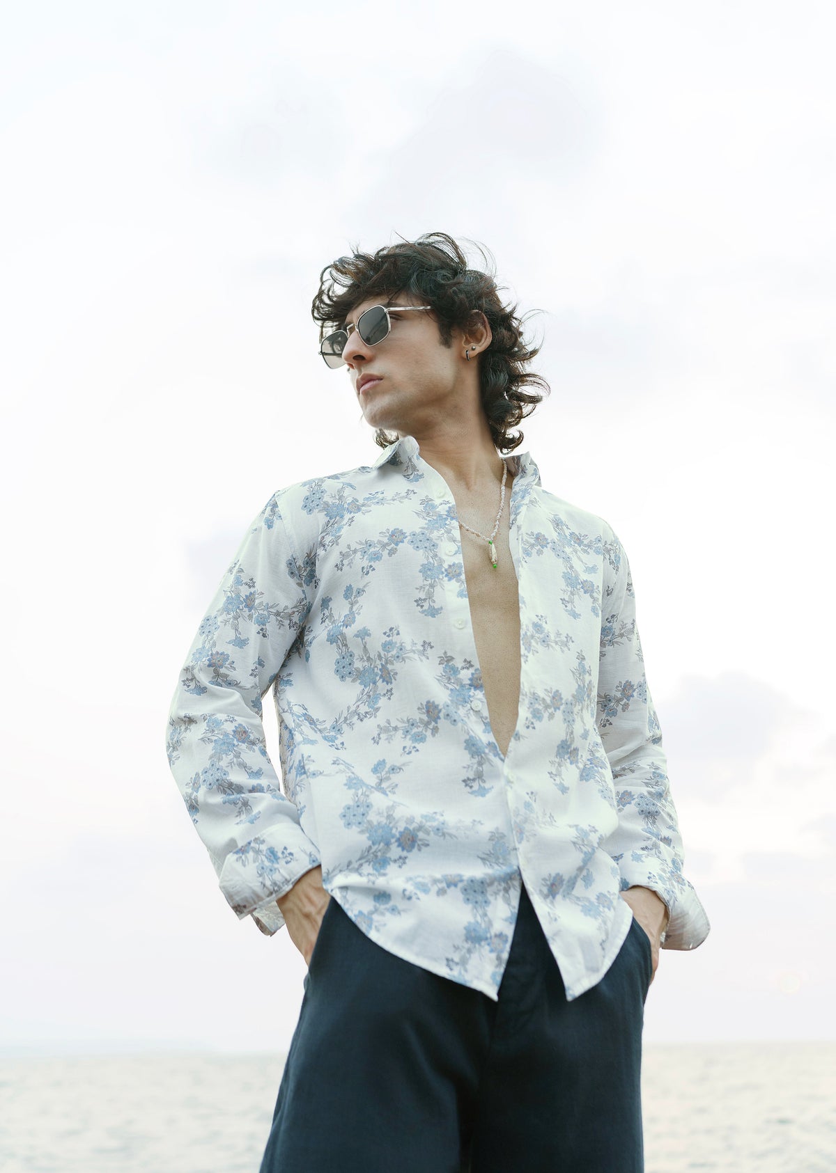 White Floral Print Cotton Linen Shirt