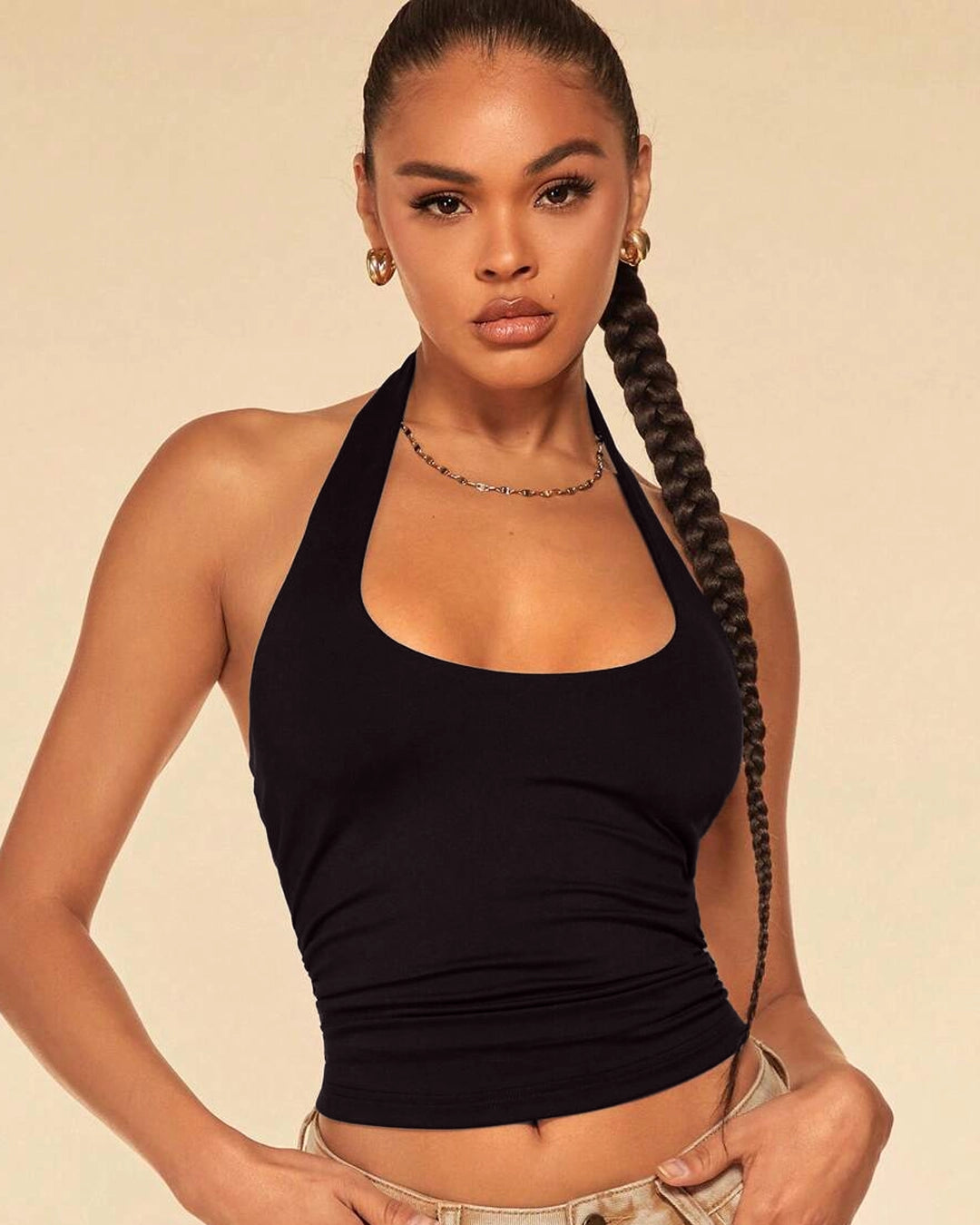 XS Backless Halter Neck Fitted Straight Hem Solid Sleeveless Crop Top in Classic Black H54