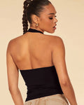 XS Backless Halter Neck Fitted Straight Hem Solid Sleeveless Crop Top in Classic Black H54