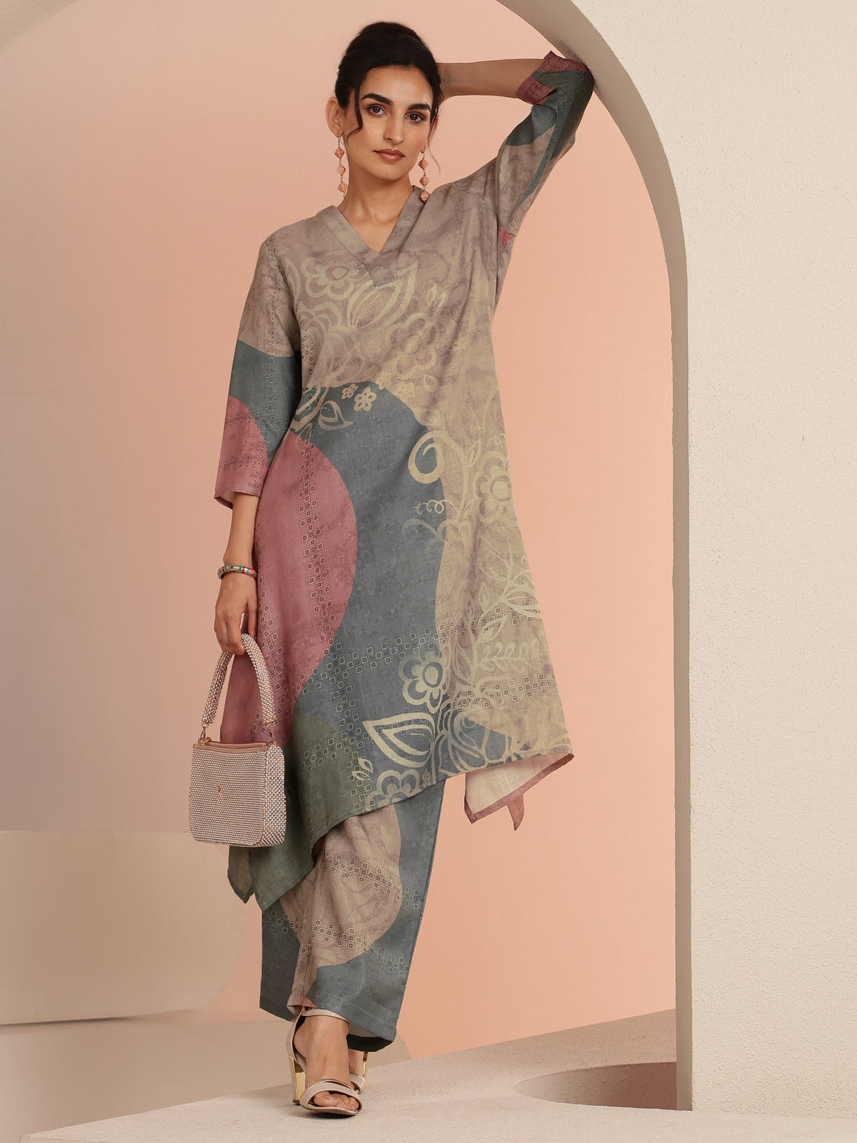 Libas Beige Floral Printed Linen High Low Kurta Set