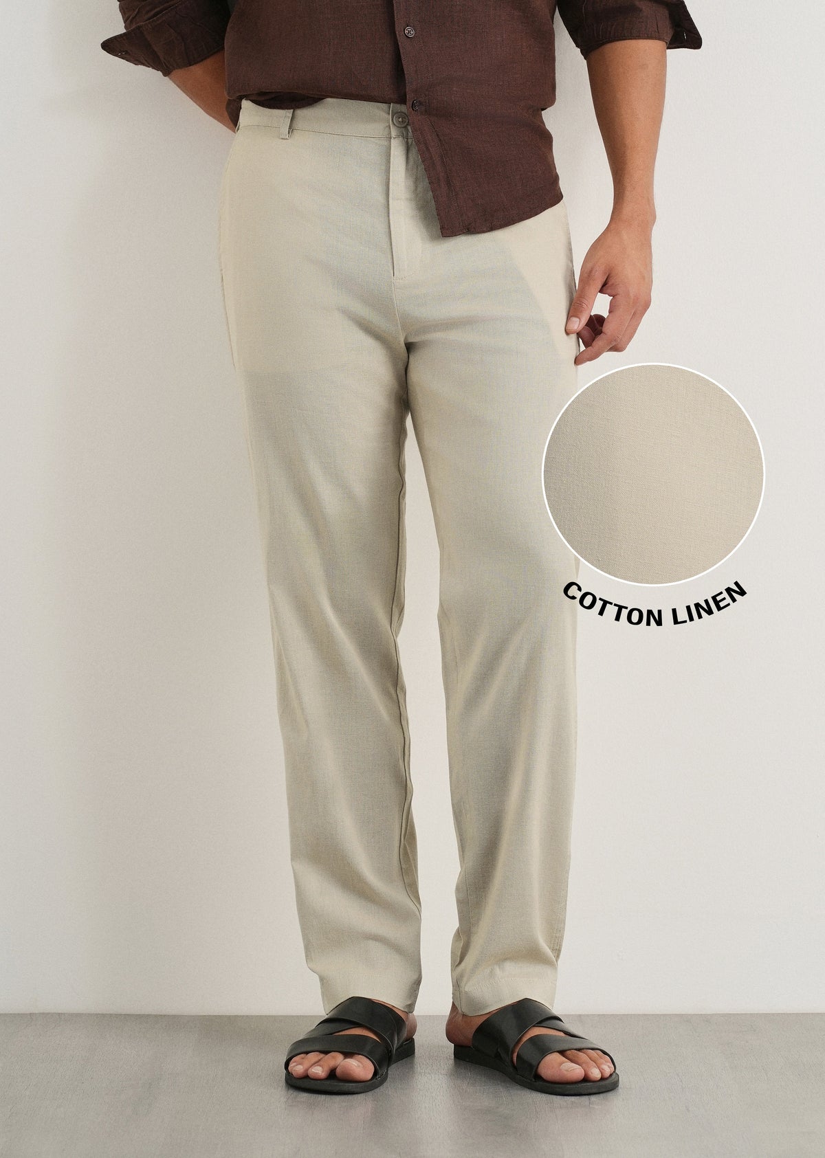Beige Cotton Linen Regular Fit Pant