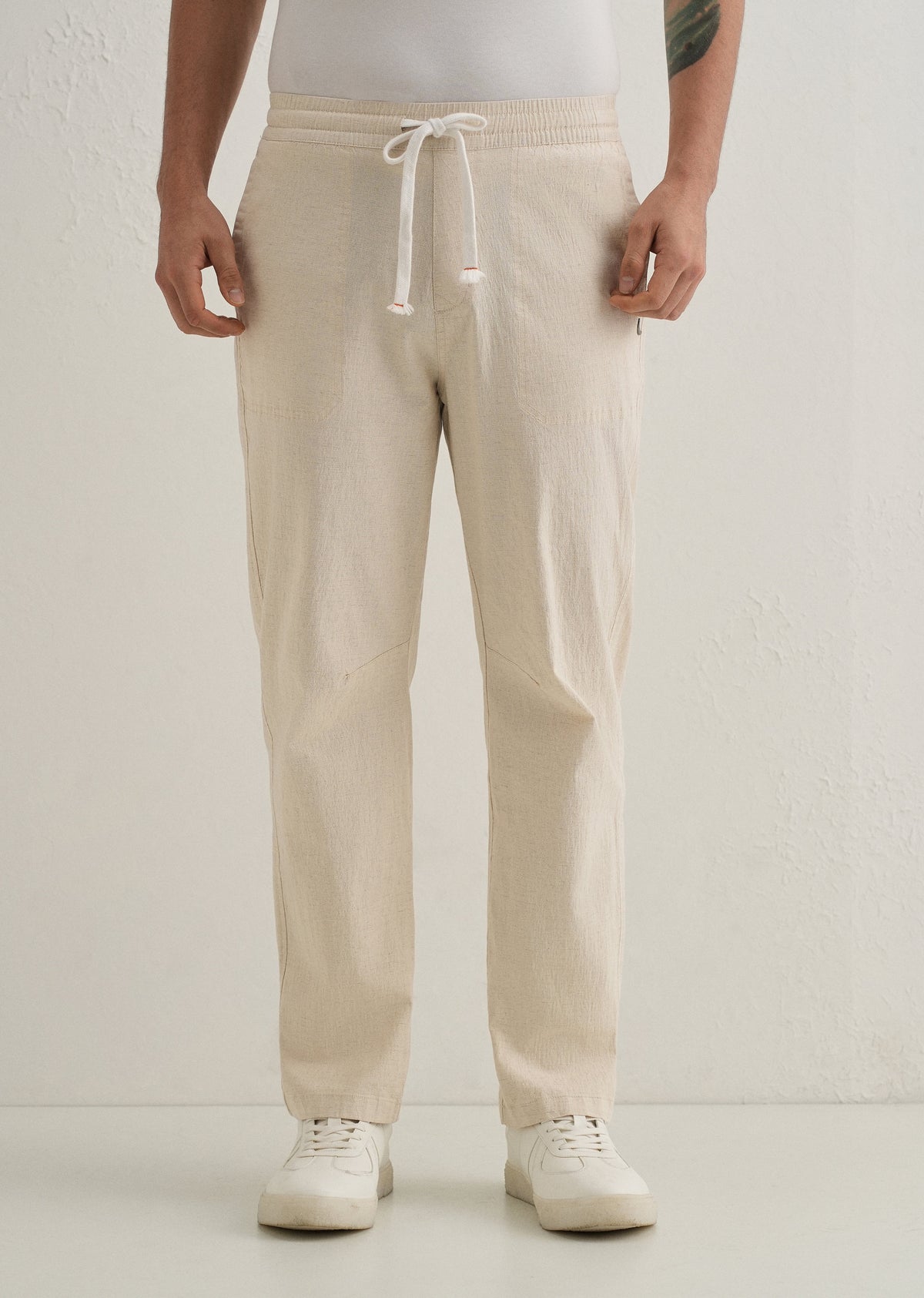 Beige Drawstring Cotton Linen Pant