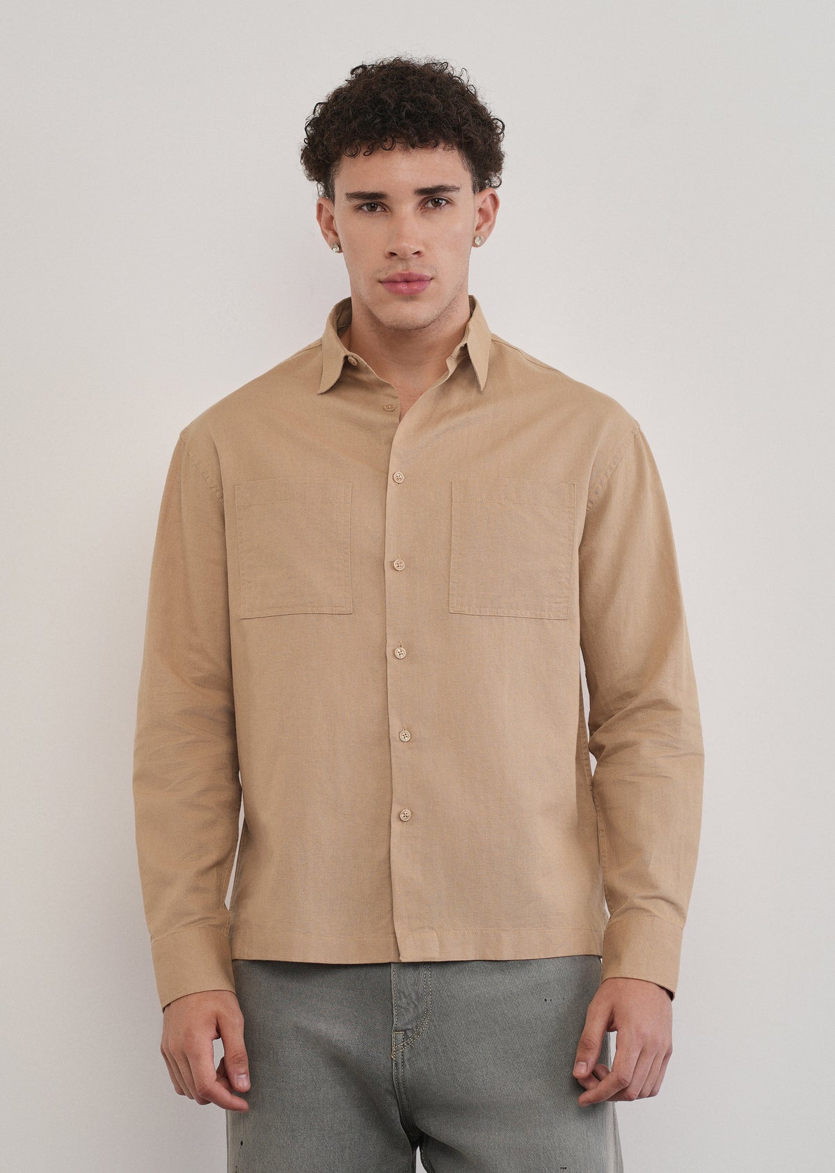 Warm Beige Dual Pocket Cotton Linen Shirt