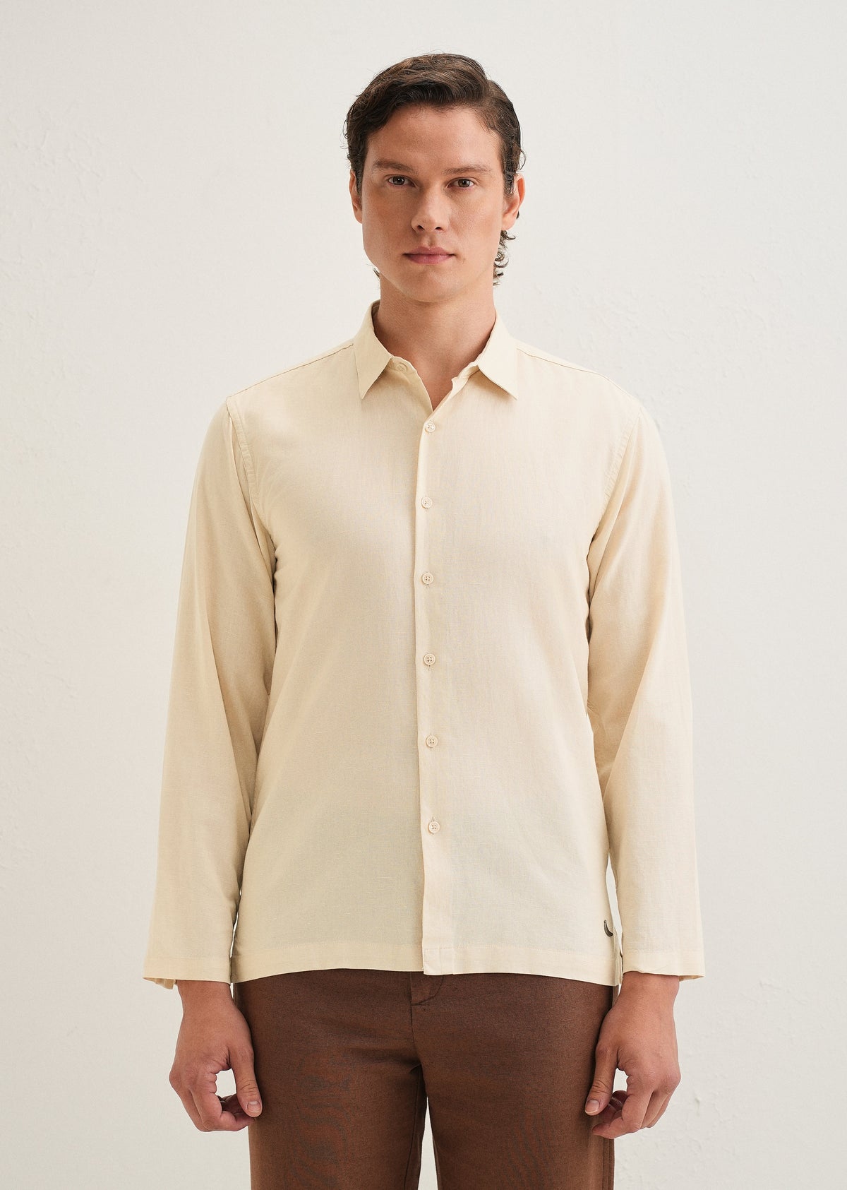 Beige Hidden Sleeve Placket Cotton Linen Shirt