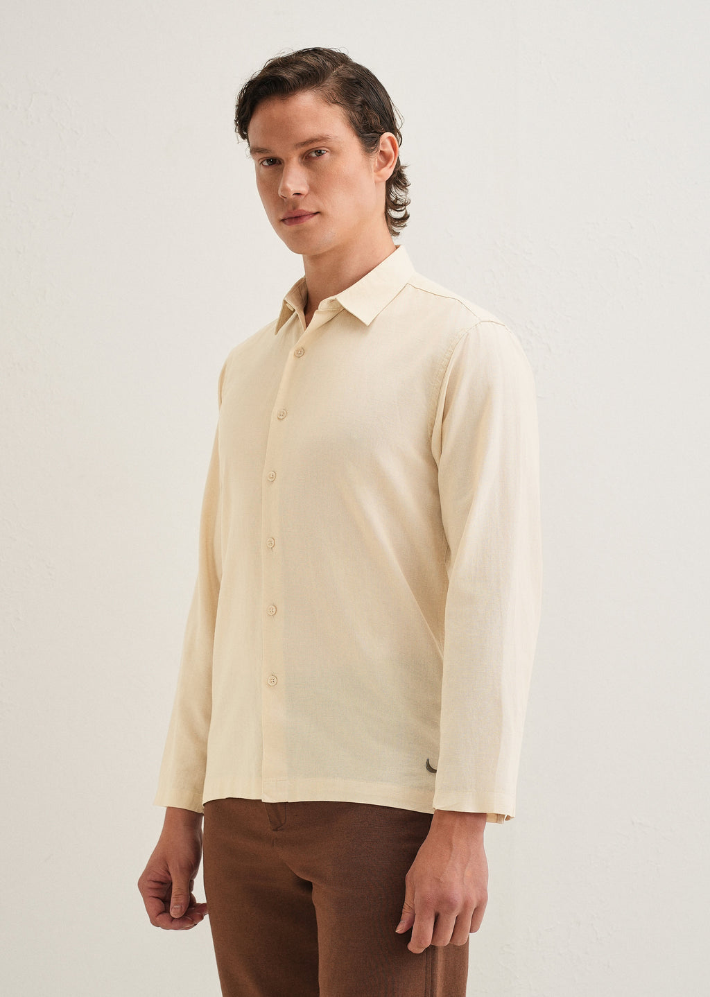 Beige Hidden Sleeve Placket Cotton Linen Shirt