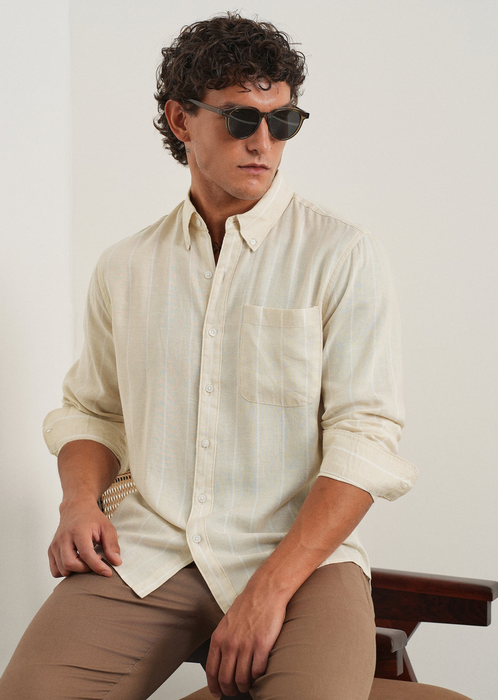 Beige Lyocell Linen Stripe Shirt