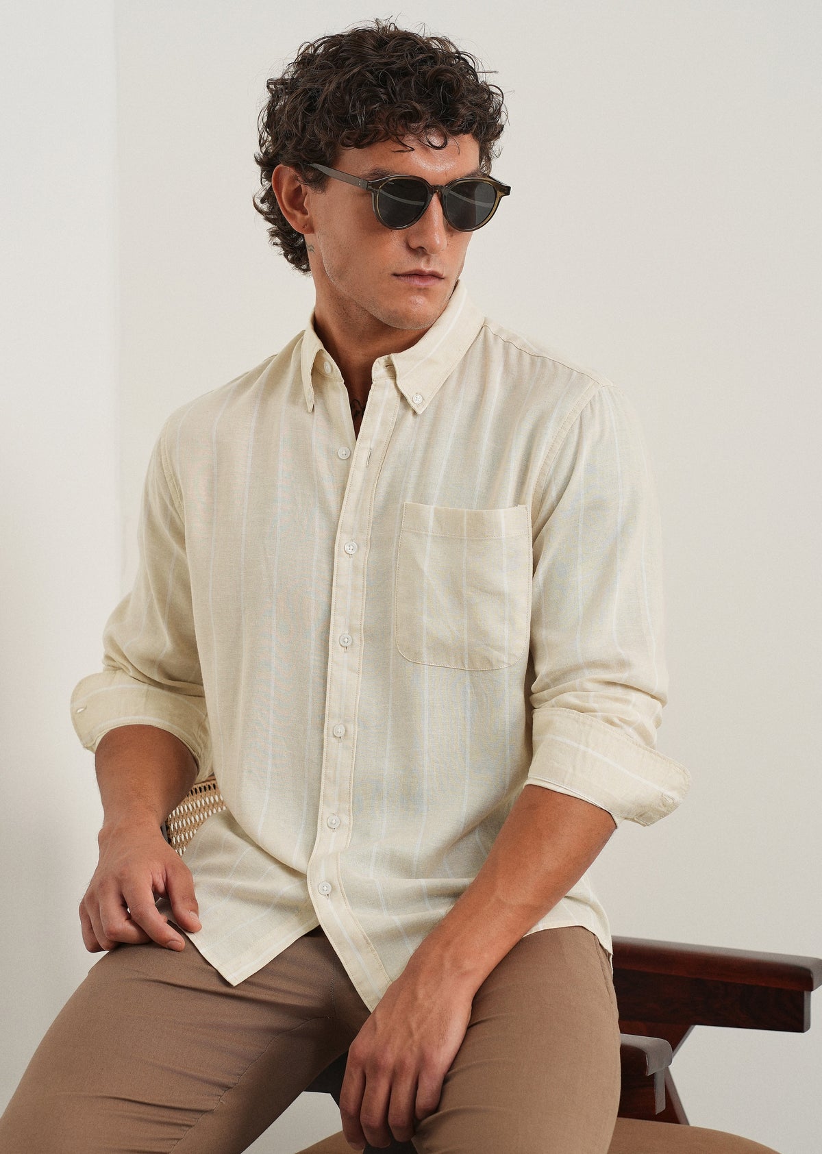 Beige Lyocell Linen Stripe Shirt