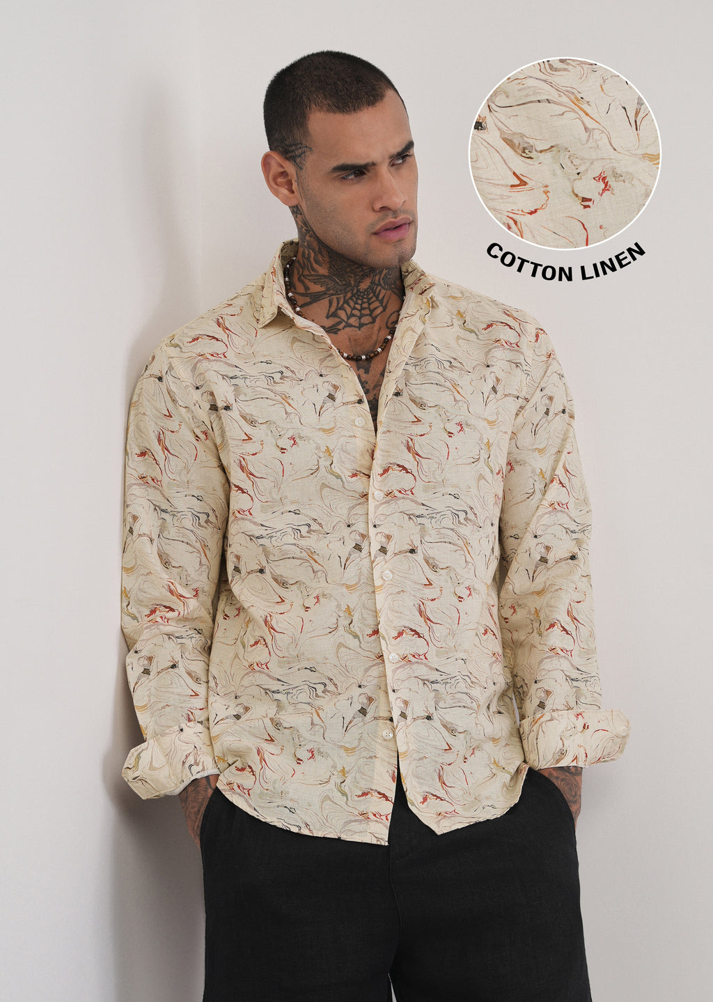 Beige Marble Print Cotton Linen Shirt