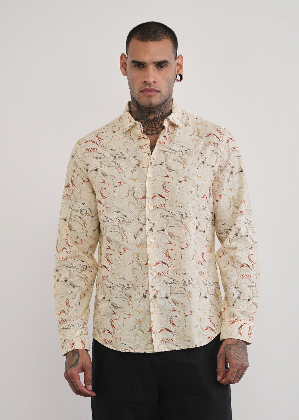 Beige Marble Print Cotton Linen Shirt