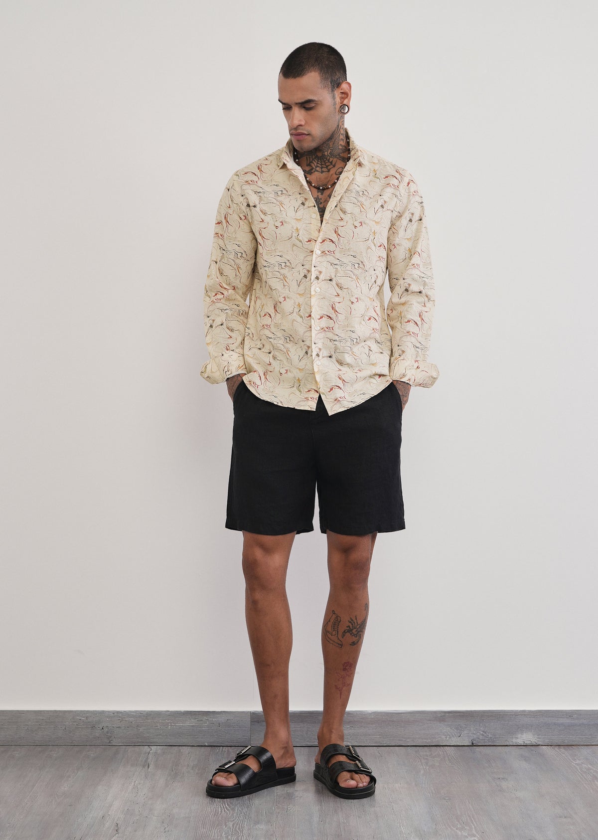 Beige Marble Print Cotton Linen Shirt