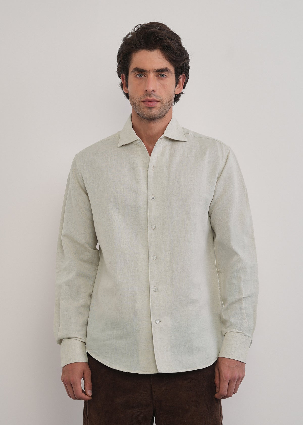 Beige Plain Cotton Linen Shirt