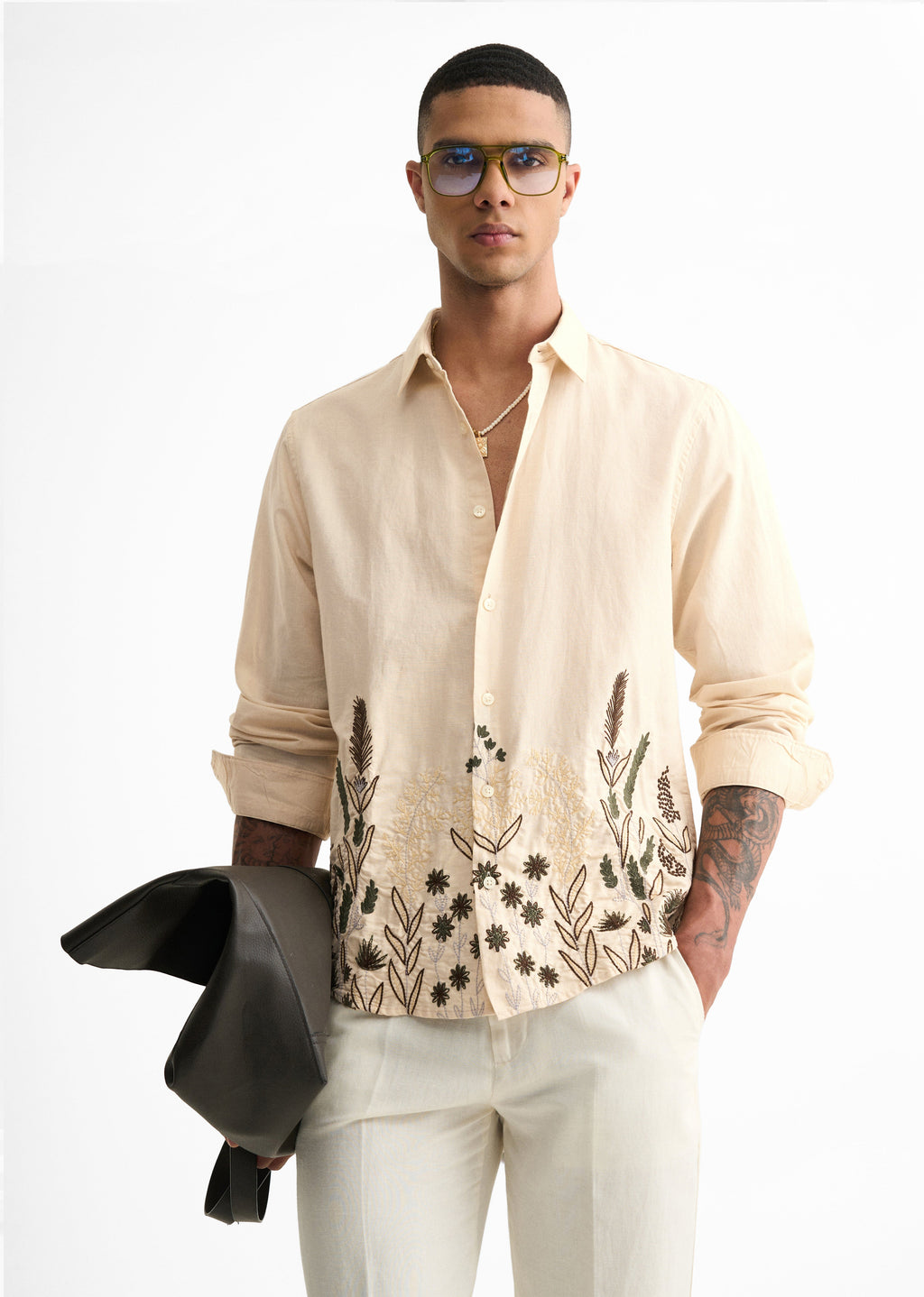 Beige Hem Embroidery Cotton Linen Shirt