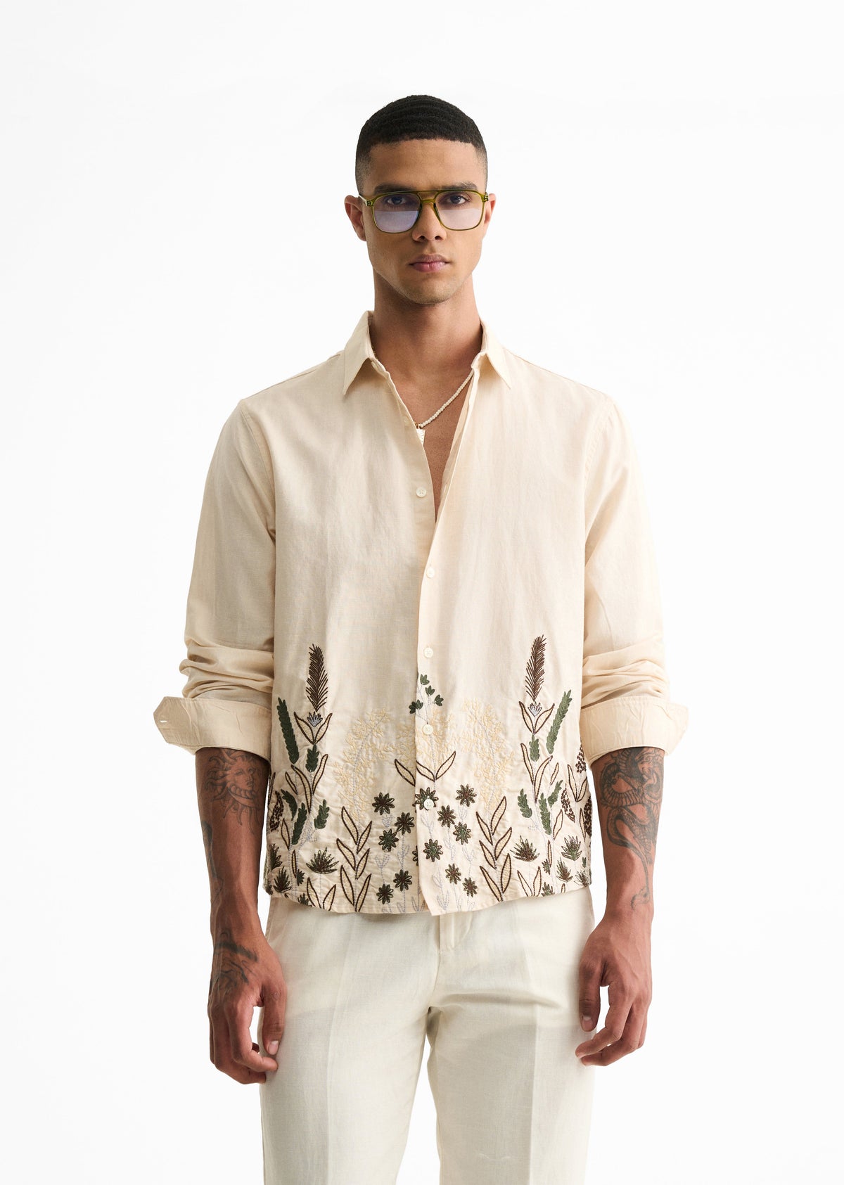 Beige Hem Embroidery Cotton Linen Shirt