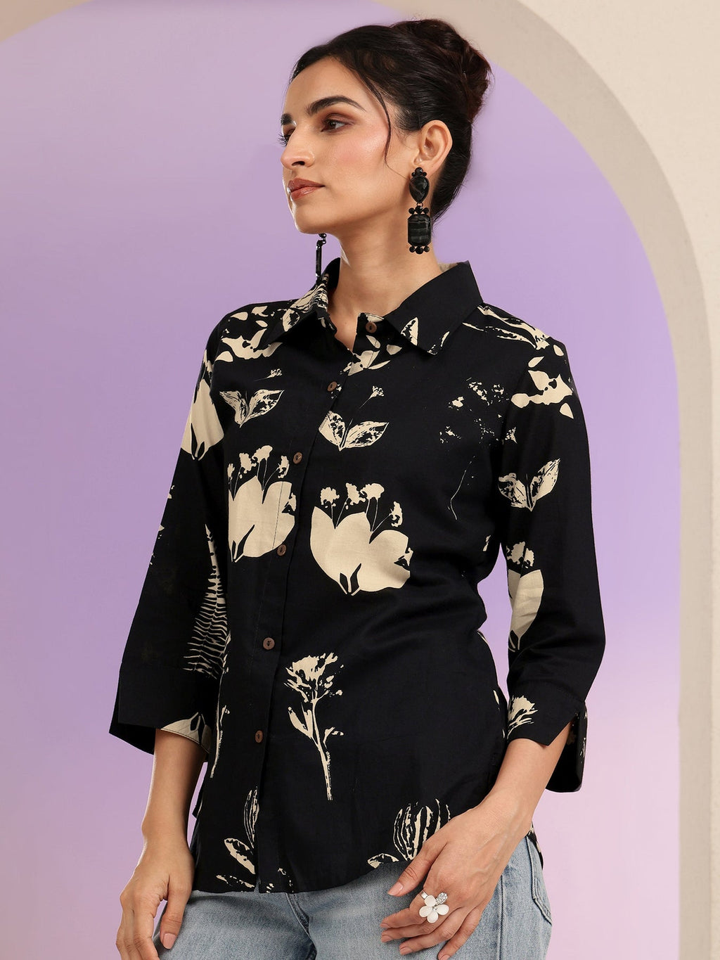 Libas Black Floral Print Cotton Shirt K60
