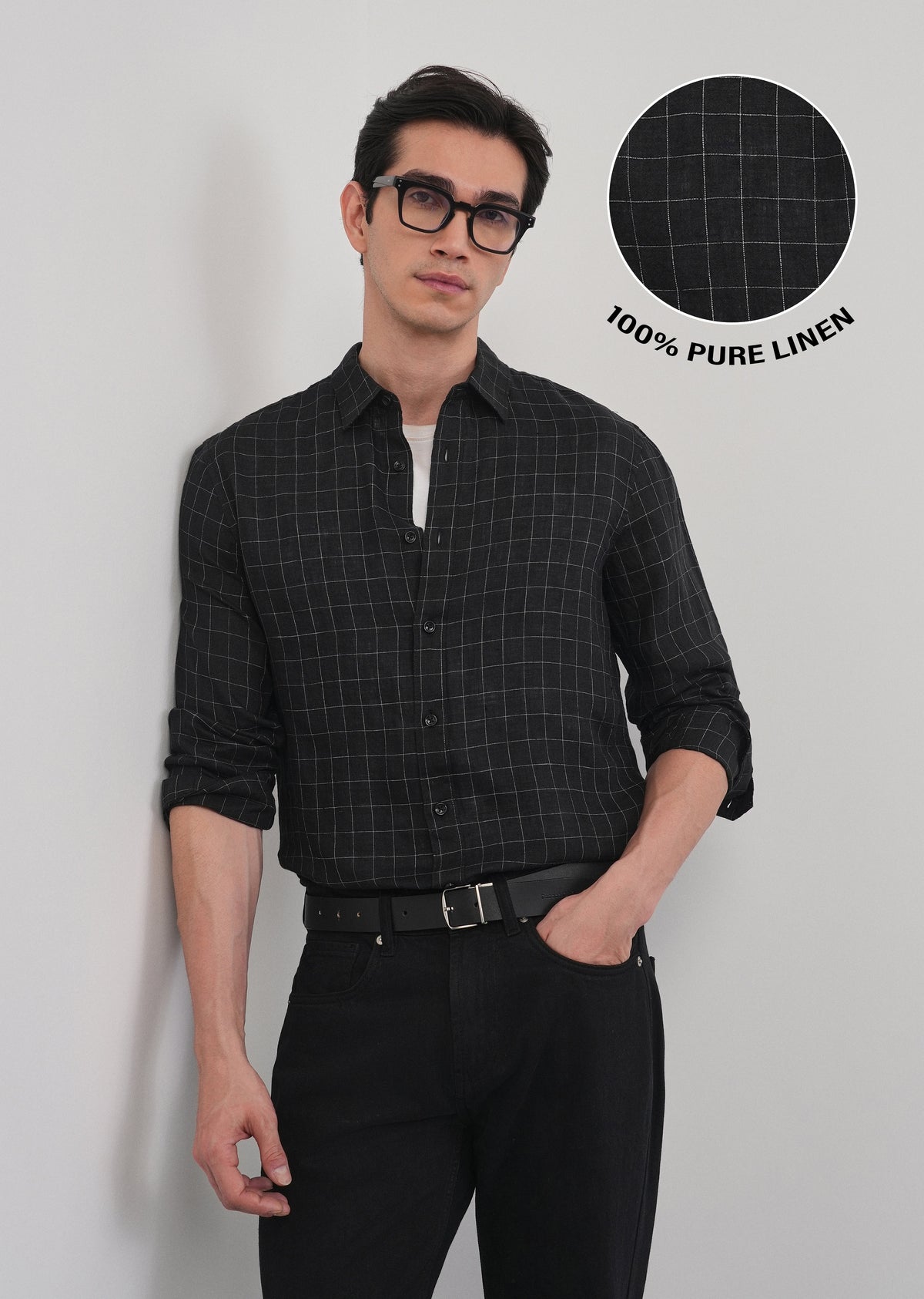 Black 100% Pure Linen Classic Check Shirt