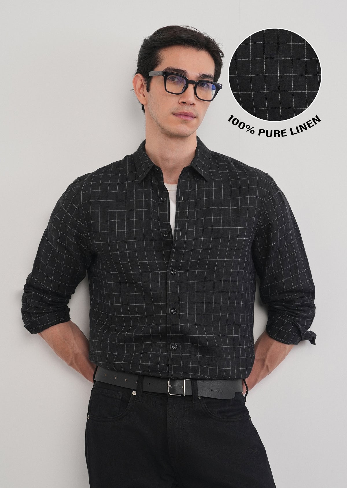 Black 100% Pure Linen Classic Check Shirt