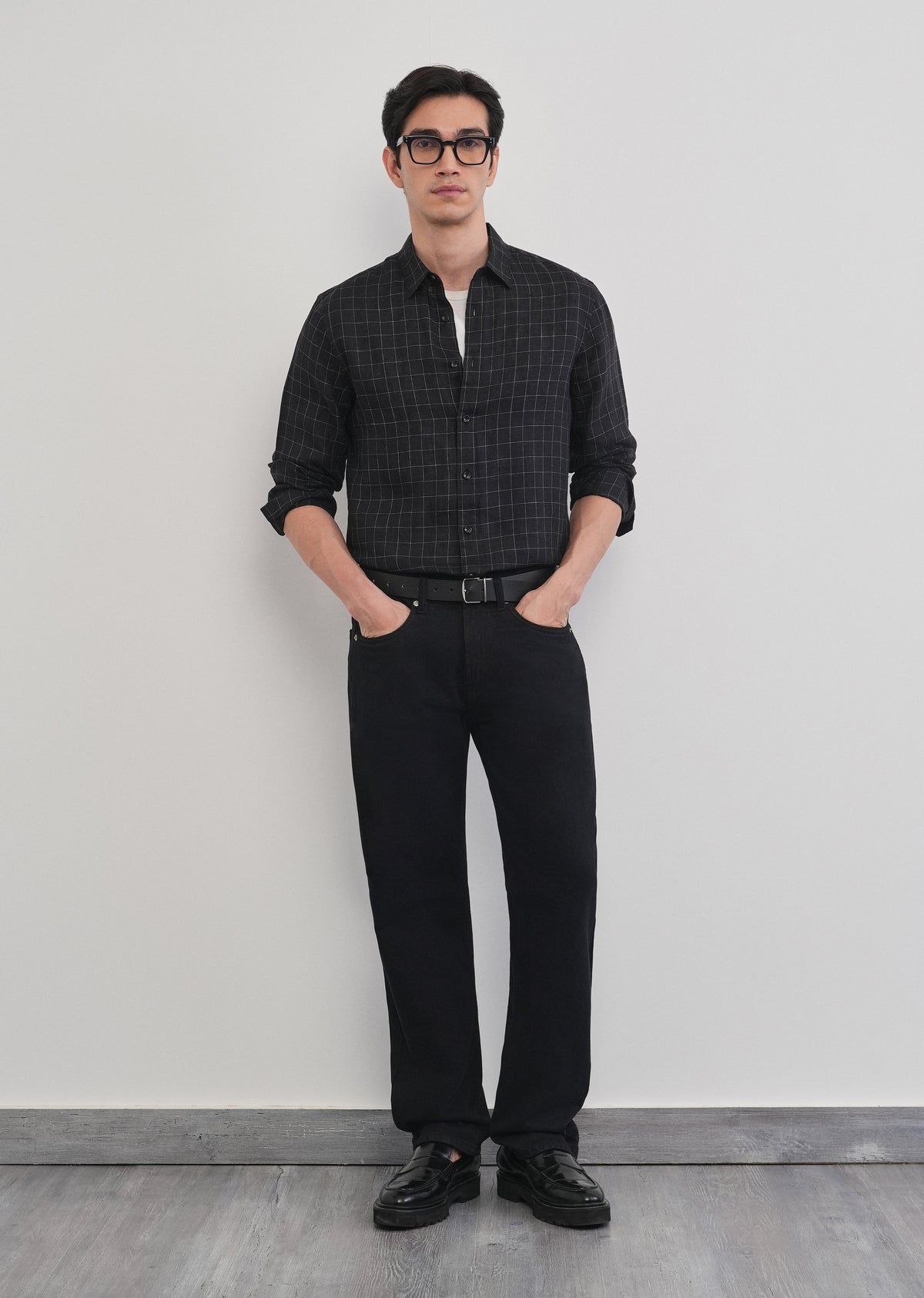 Black 100% Pure Linen Classic Check Shirt