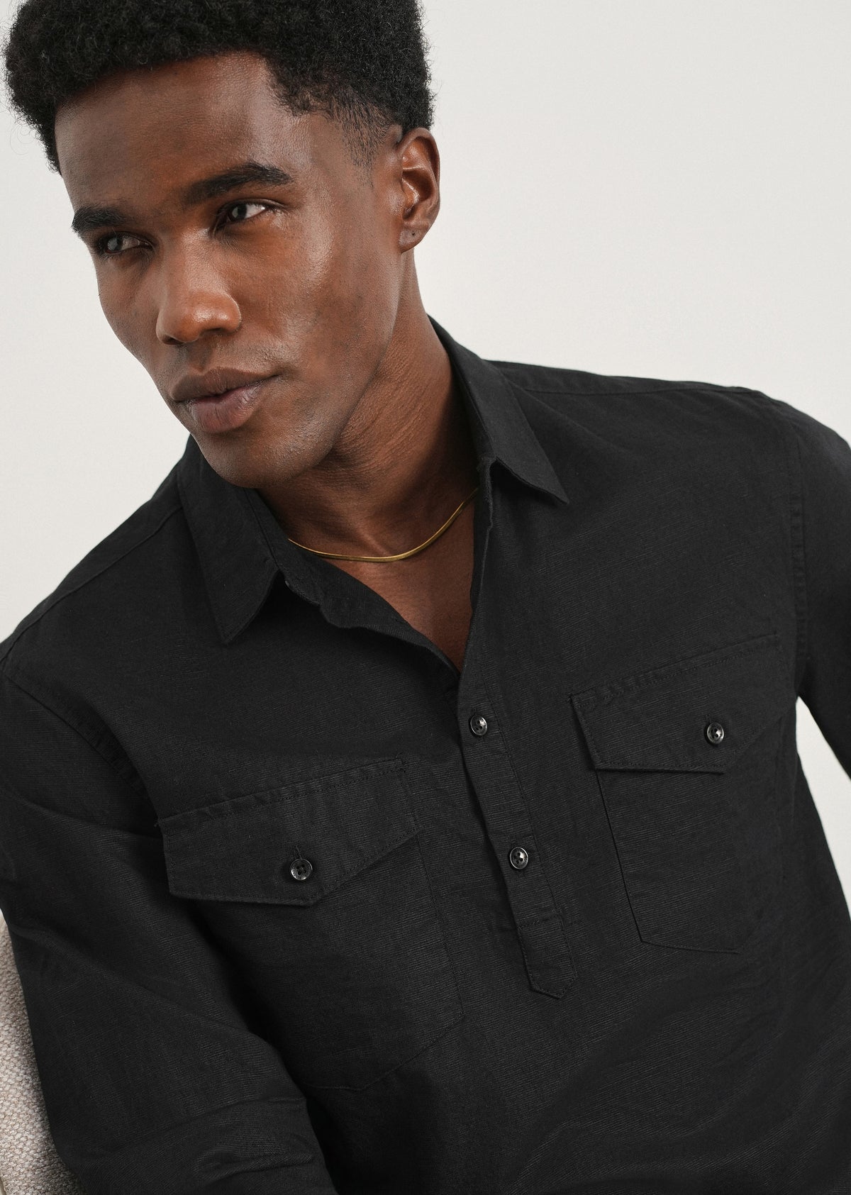 Black Cotton Linen Half Placket Shirt