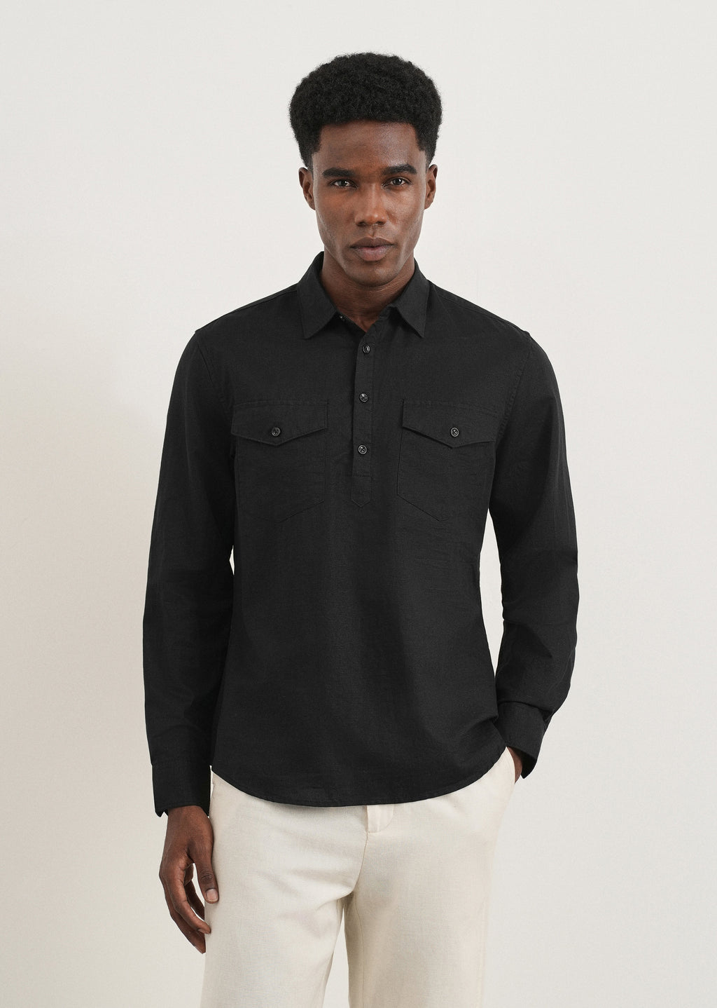 Black Cotton Linen Half Placket Shirt