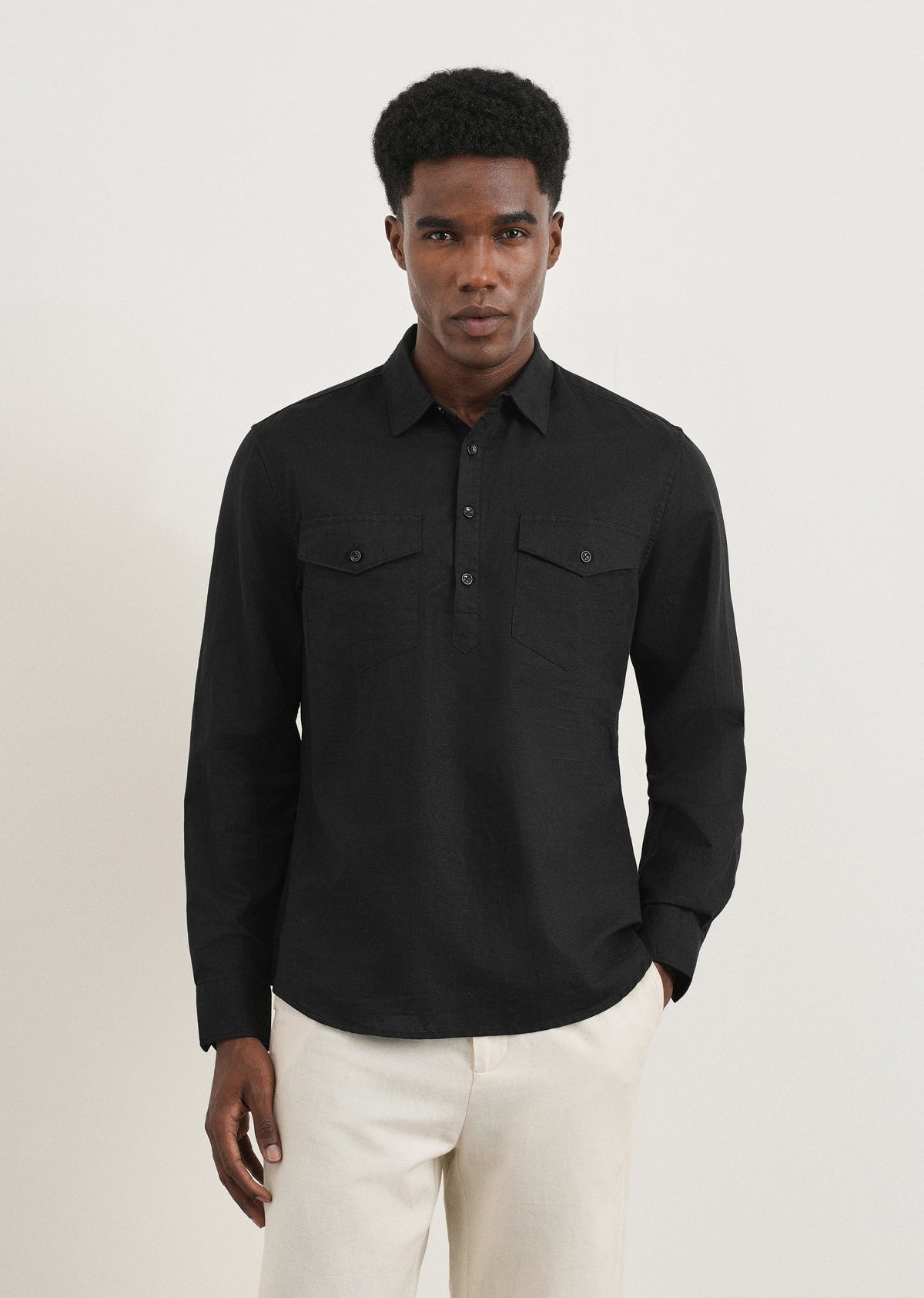 Black Cotton Linen Half Placket Shirt