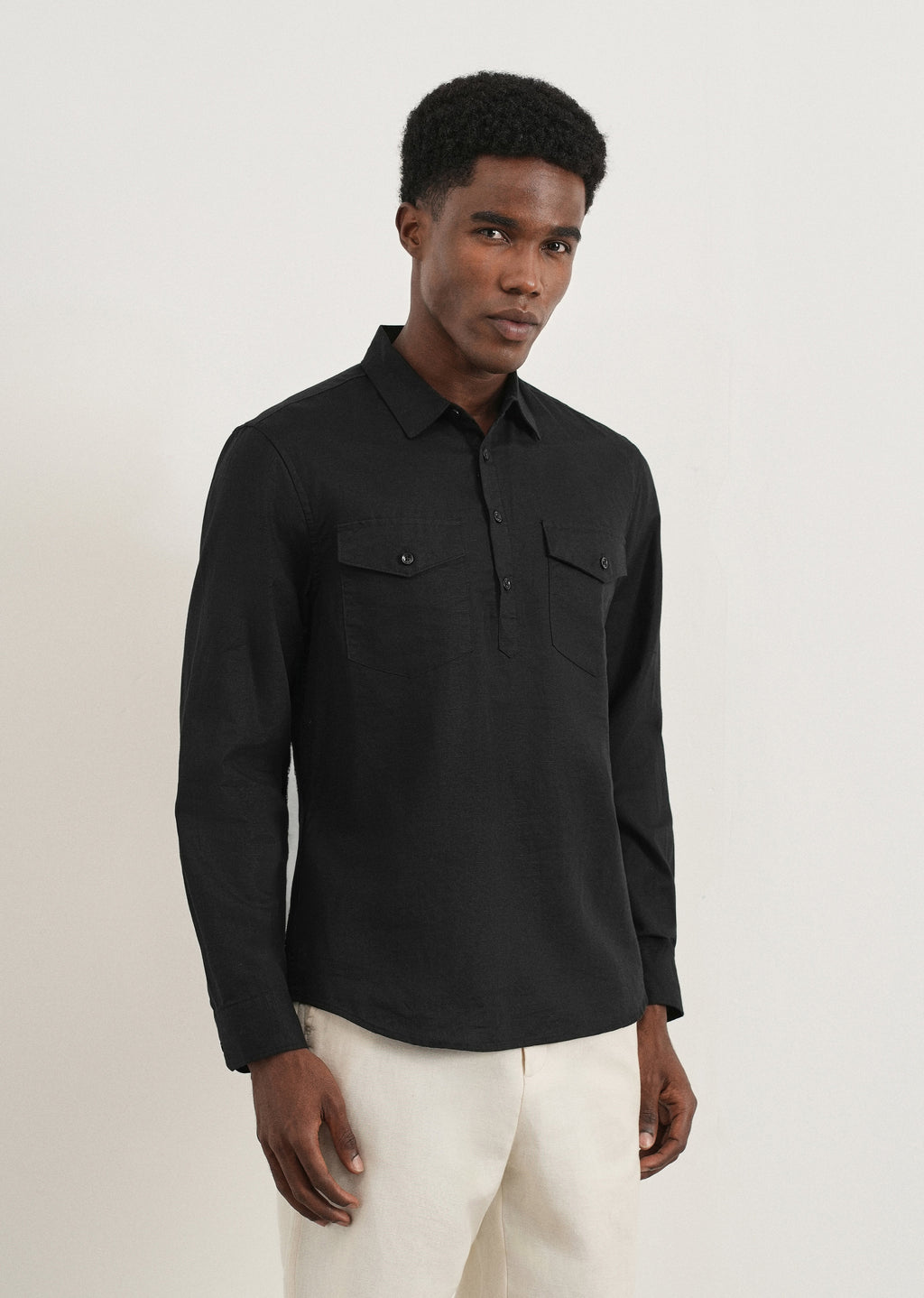 Black Cotton Linen Half Placket Shirt