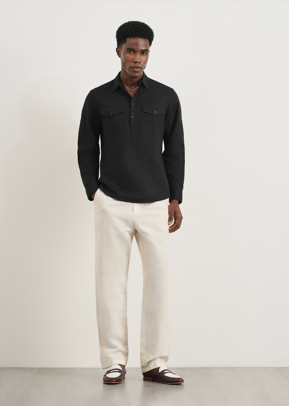 Black Cotton Linen Half Placket Shirt