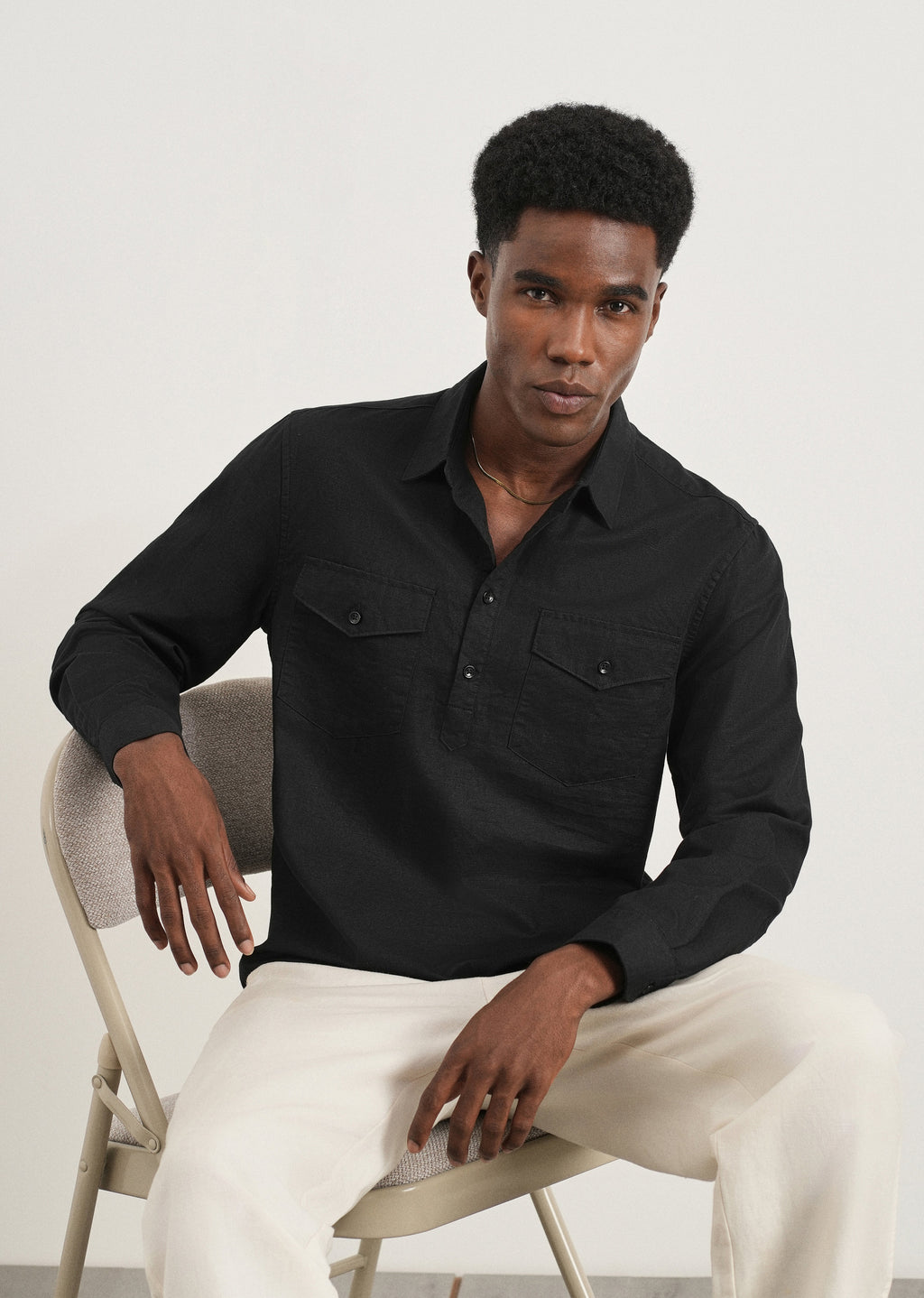 Black Cotton Linen Half Placket Shirt