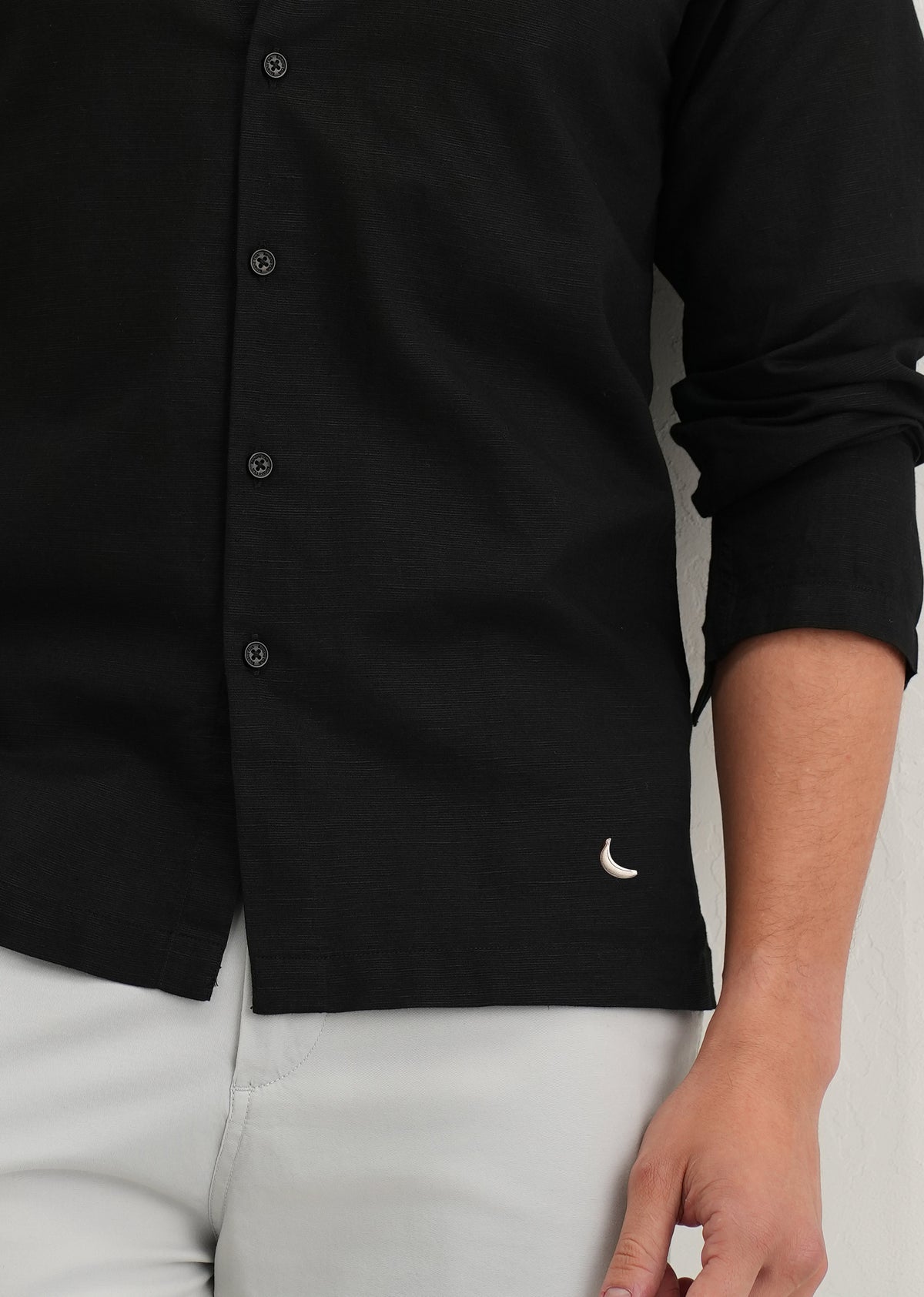 Black Hidden Sleeve Placket Cotton Linen Shirt