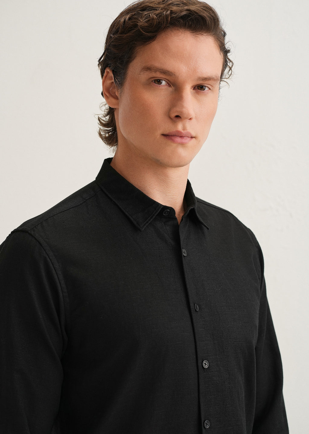 Black Hidden Sleeve Placket Cotton Linen Shirt
