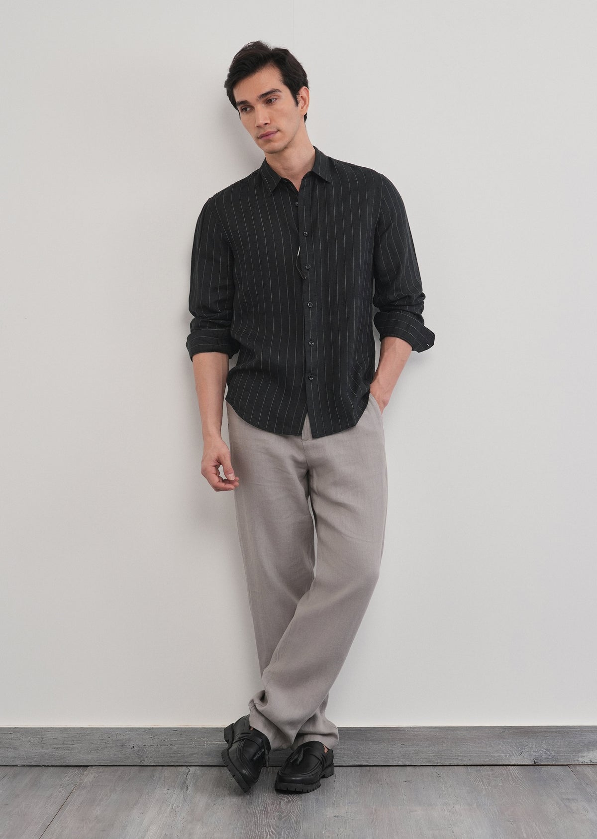 Black Striped Pure Linen Shirt