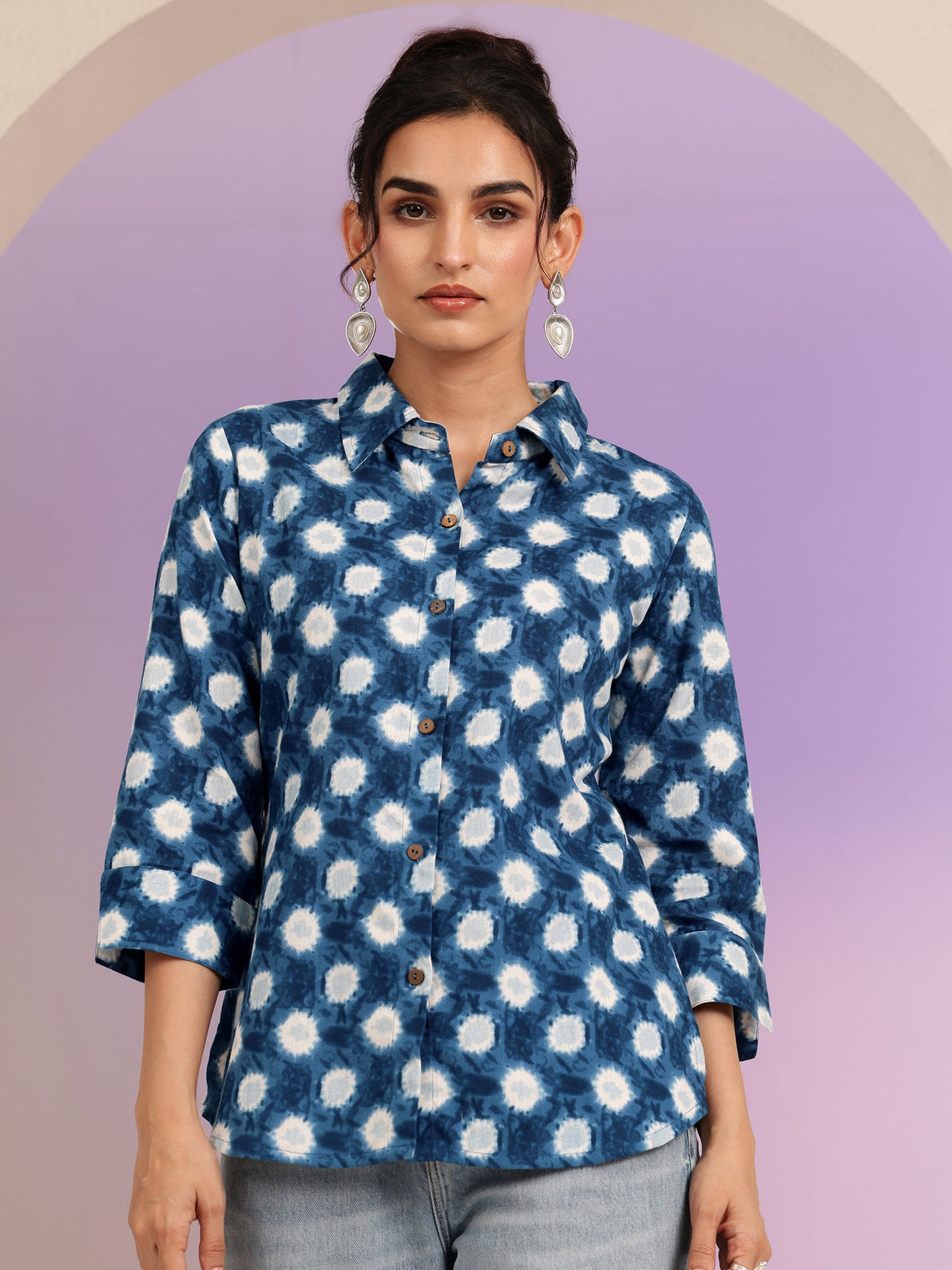 Libas Blue Ikat Dot Printed Cotton Shirt