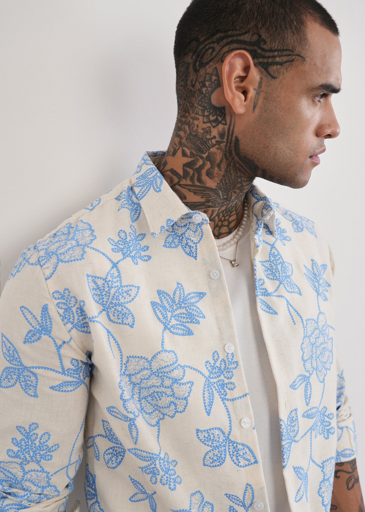Blue Blended Linen Floral Print Shirt