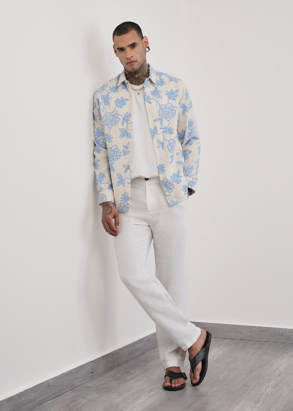 Blue Blended Linen Floral Print Shirt