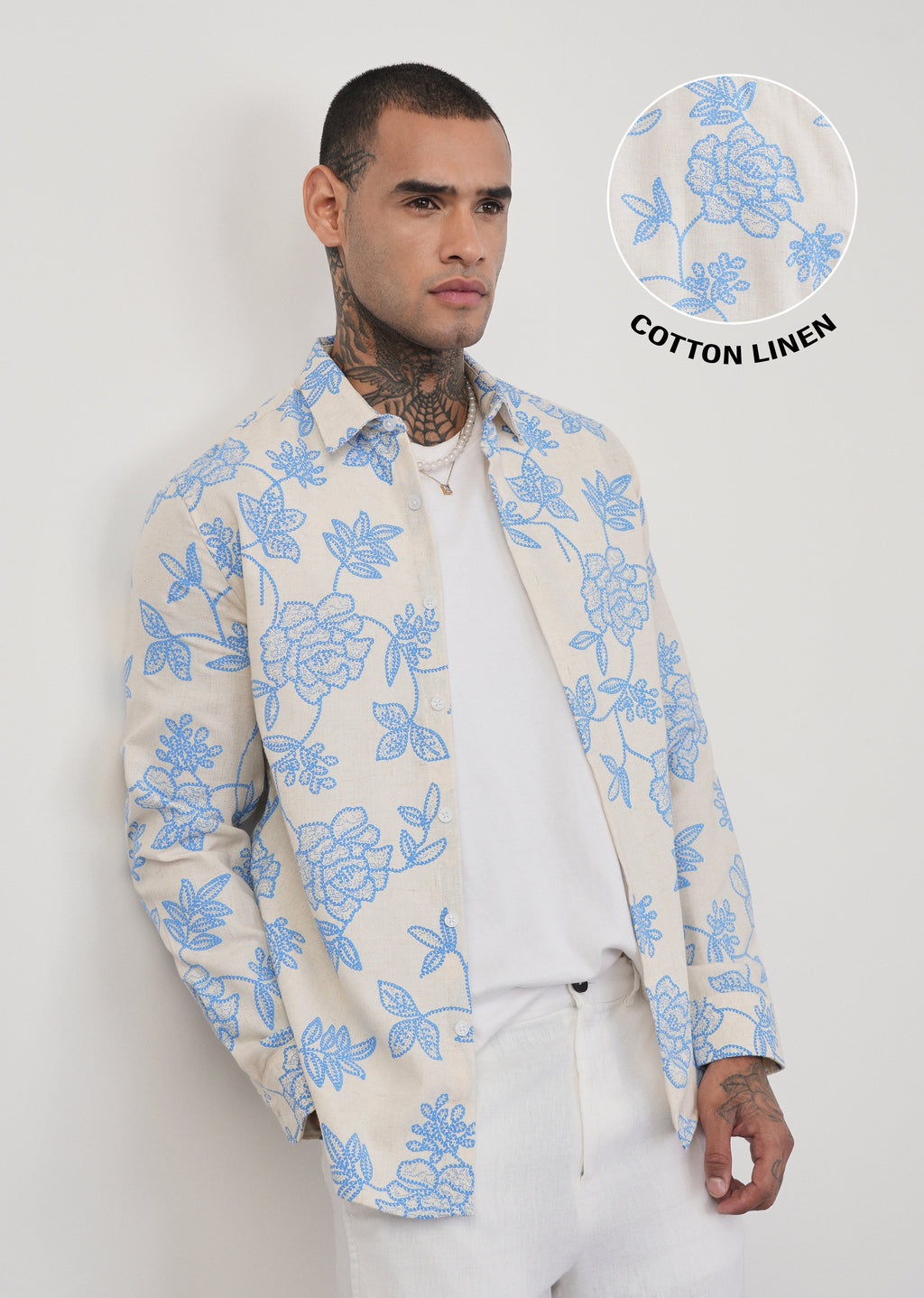Blue Blended Linen Floral Print Shirt