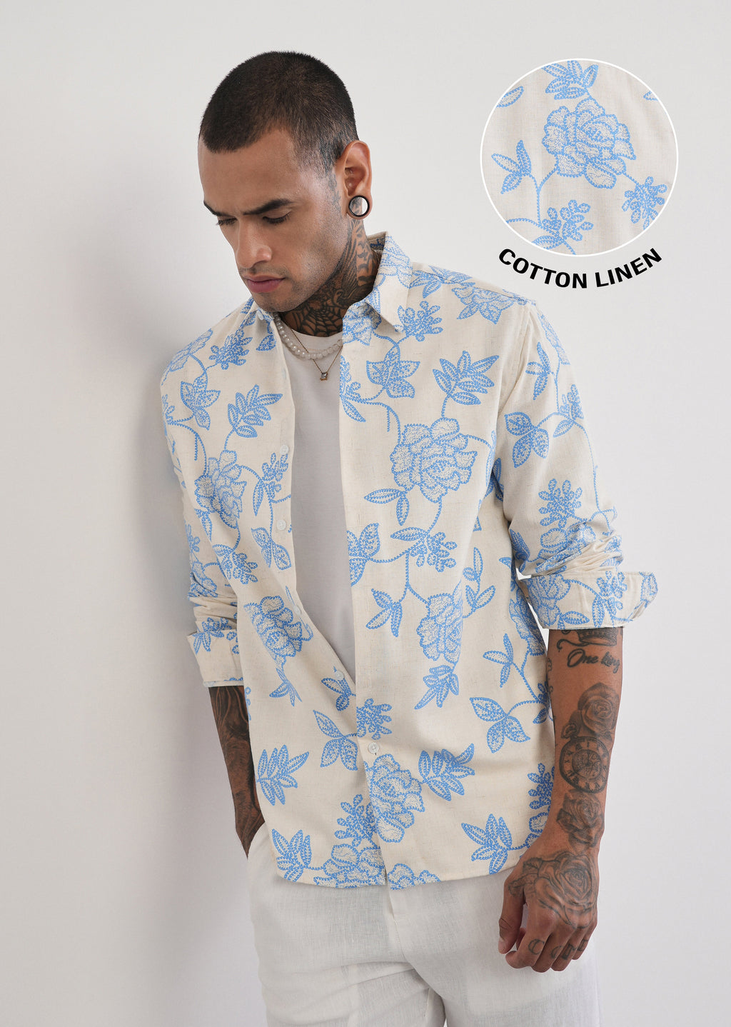 Blue Blended Linen Floral Print Shirt