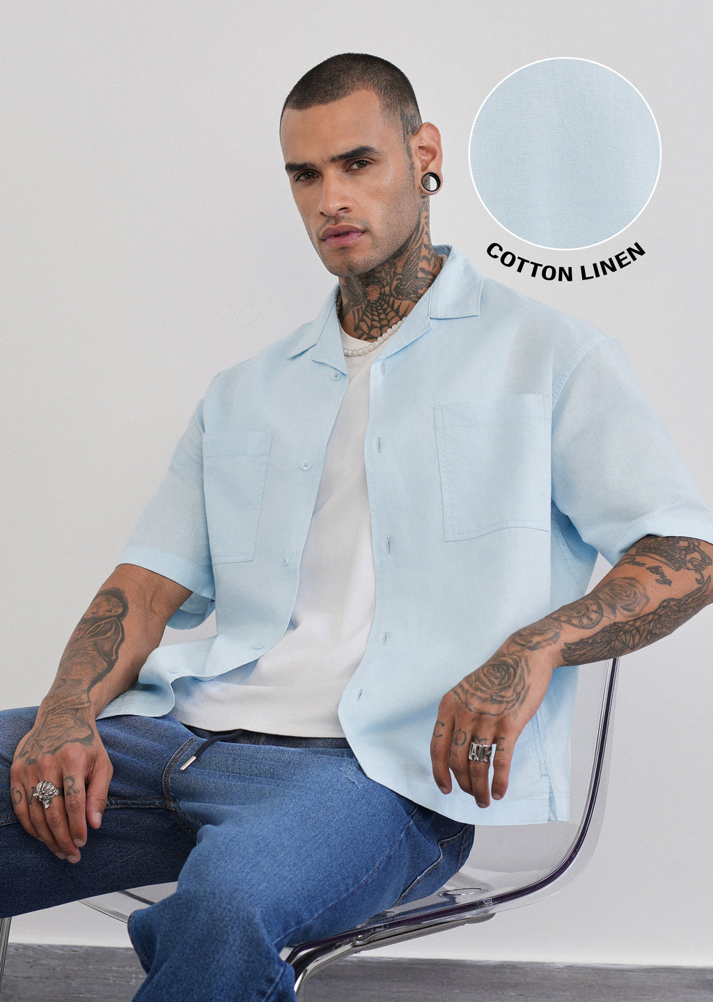 Blue Double Pocket Cotton Linen Shirt