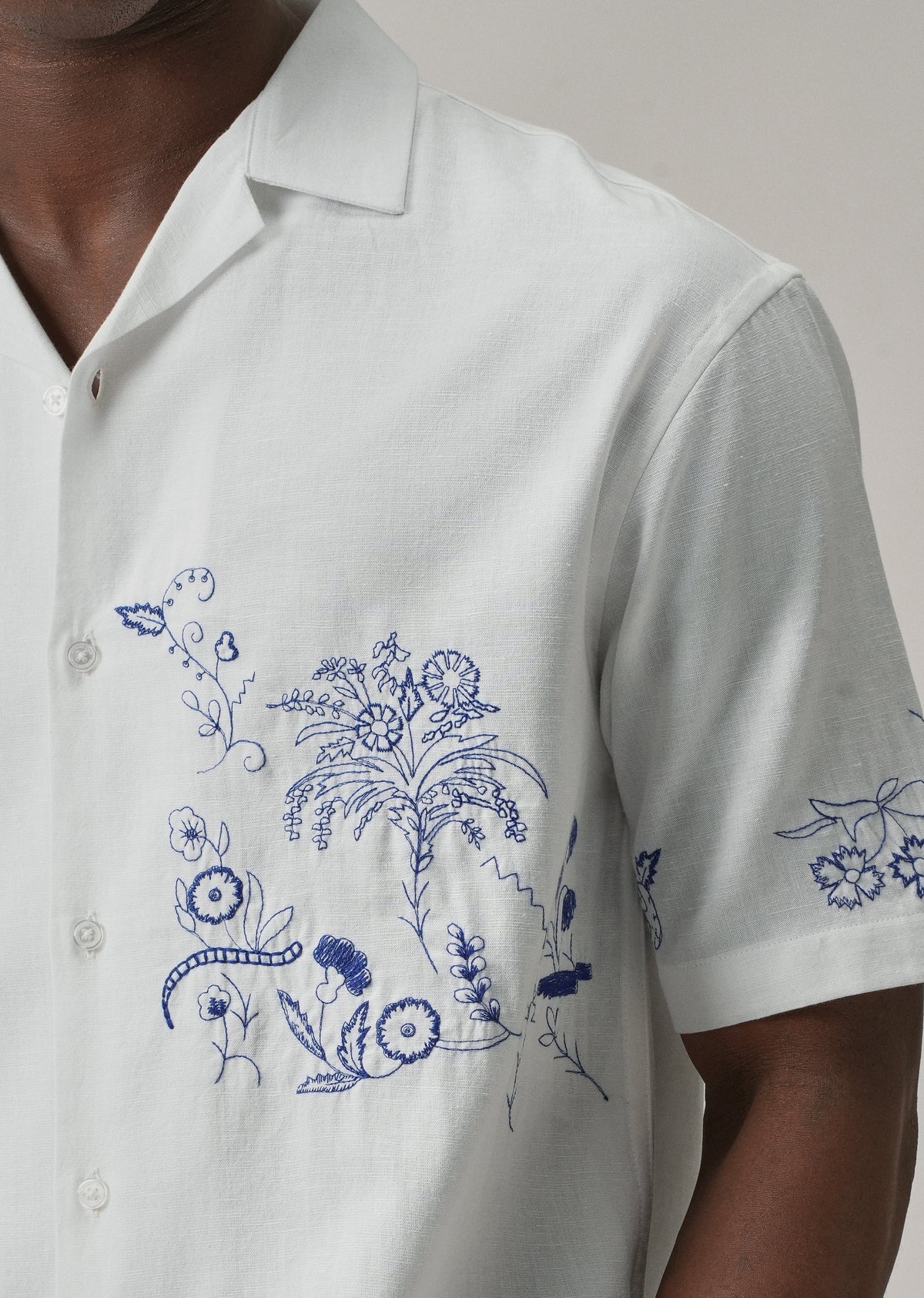 Blue Floral Embroidery Linen Shirt