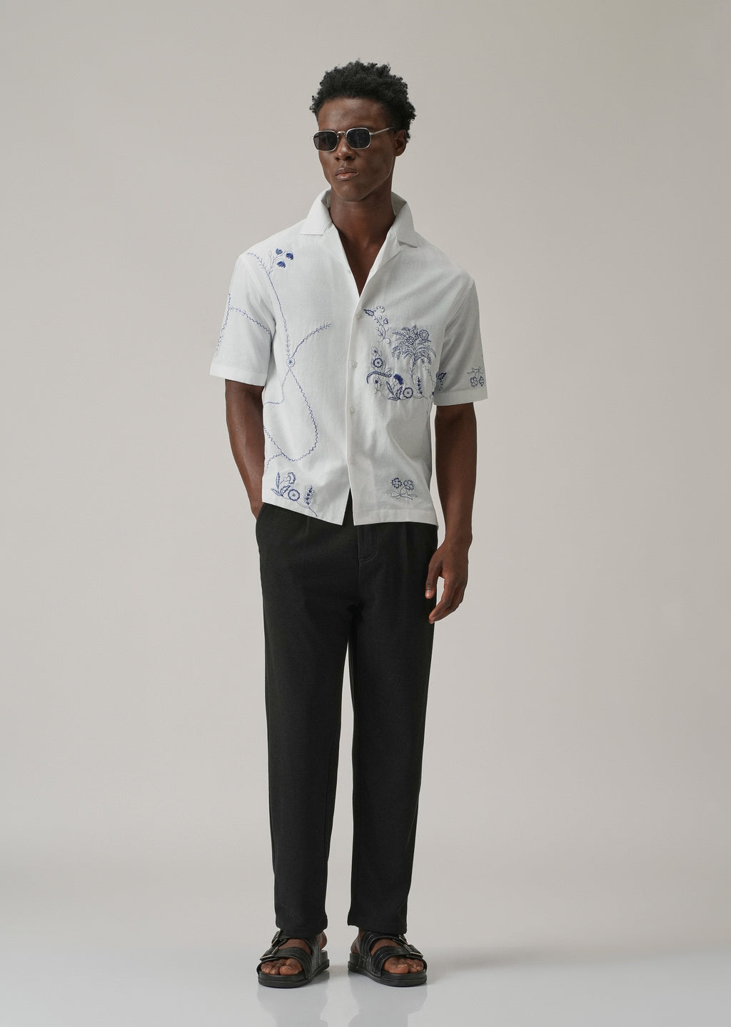 Blue Floral Embroidery Linen Shirt